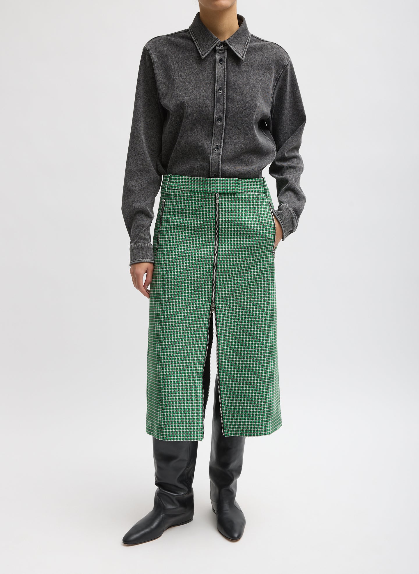 Leon Check Midi Trouser Zip Skirt - Green Multi Leon Check Midi Trouser Zip Skirt - zip front, front view on model