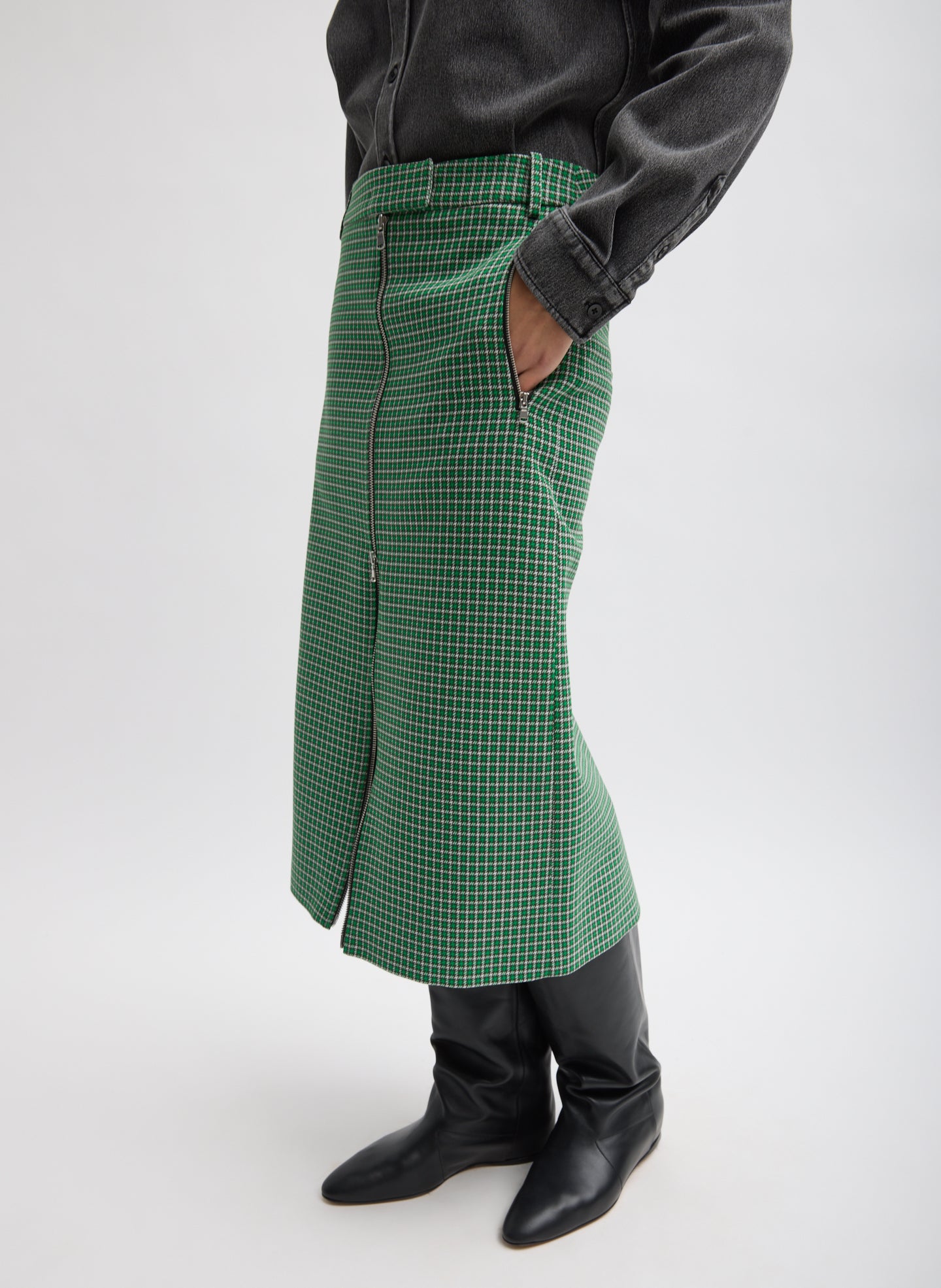Green Multi Leon Check Midi Trouser Zip Skirt - zip front, side view on model
