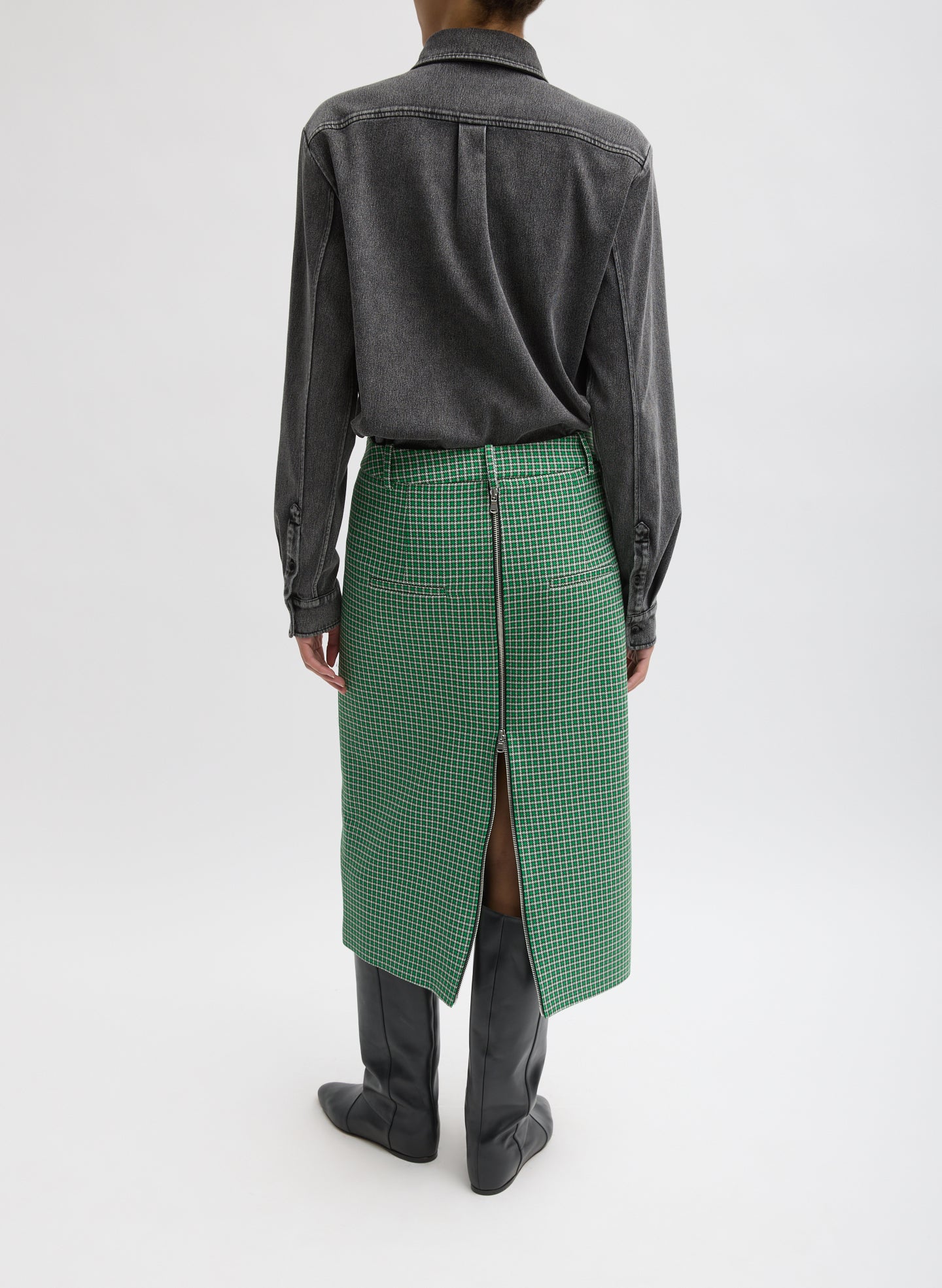 Green Multi Leon Check Midi Trouser Zip Skirt - zip front, back view on model