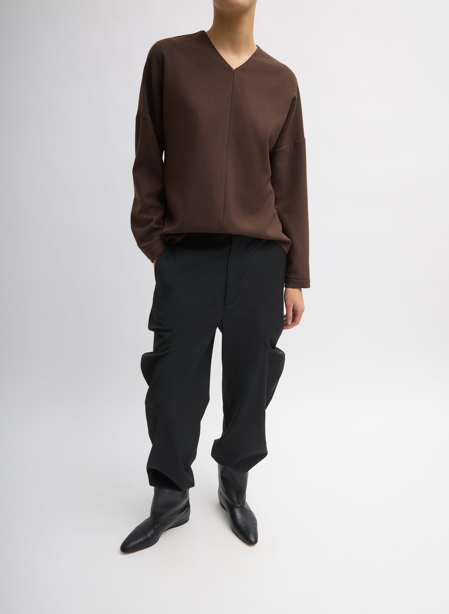 Brown Mica Crepe V-Neck Top - full look, front view on model