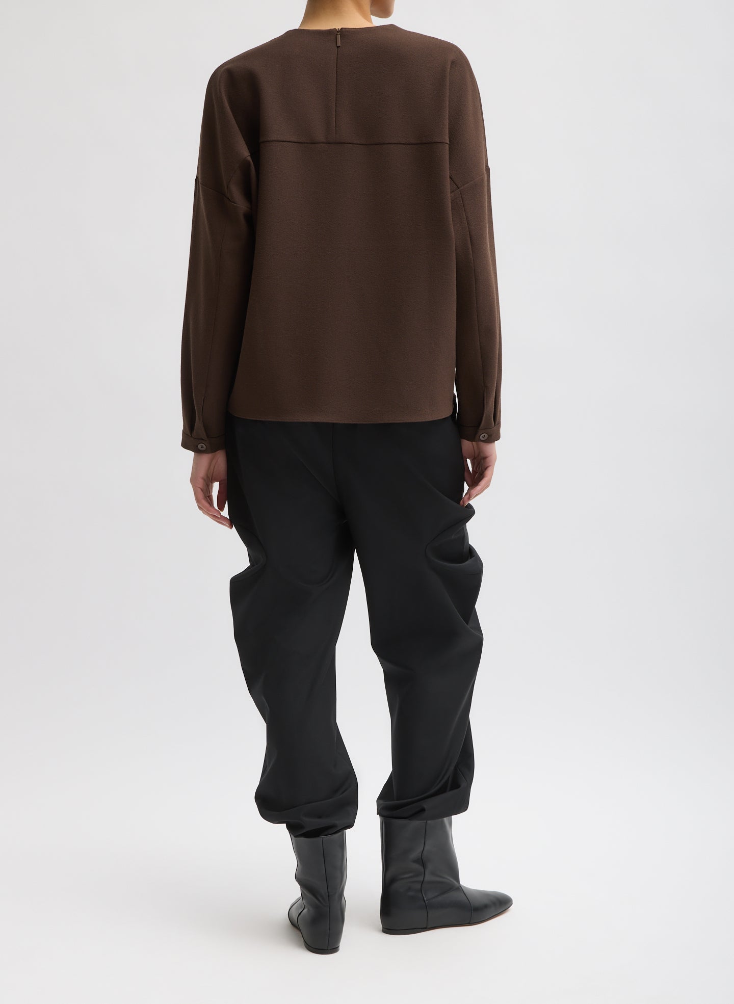 Brown Mica Crepe V-Neck Top - full look, back view on model