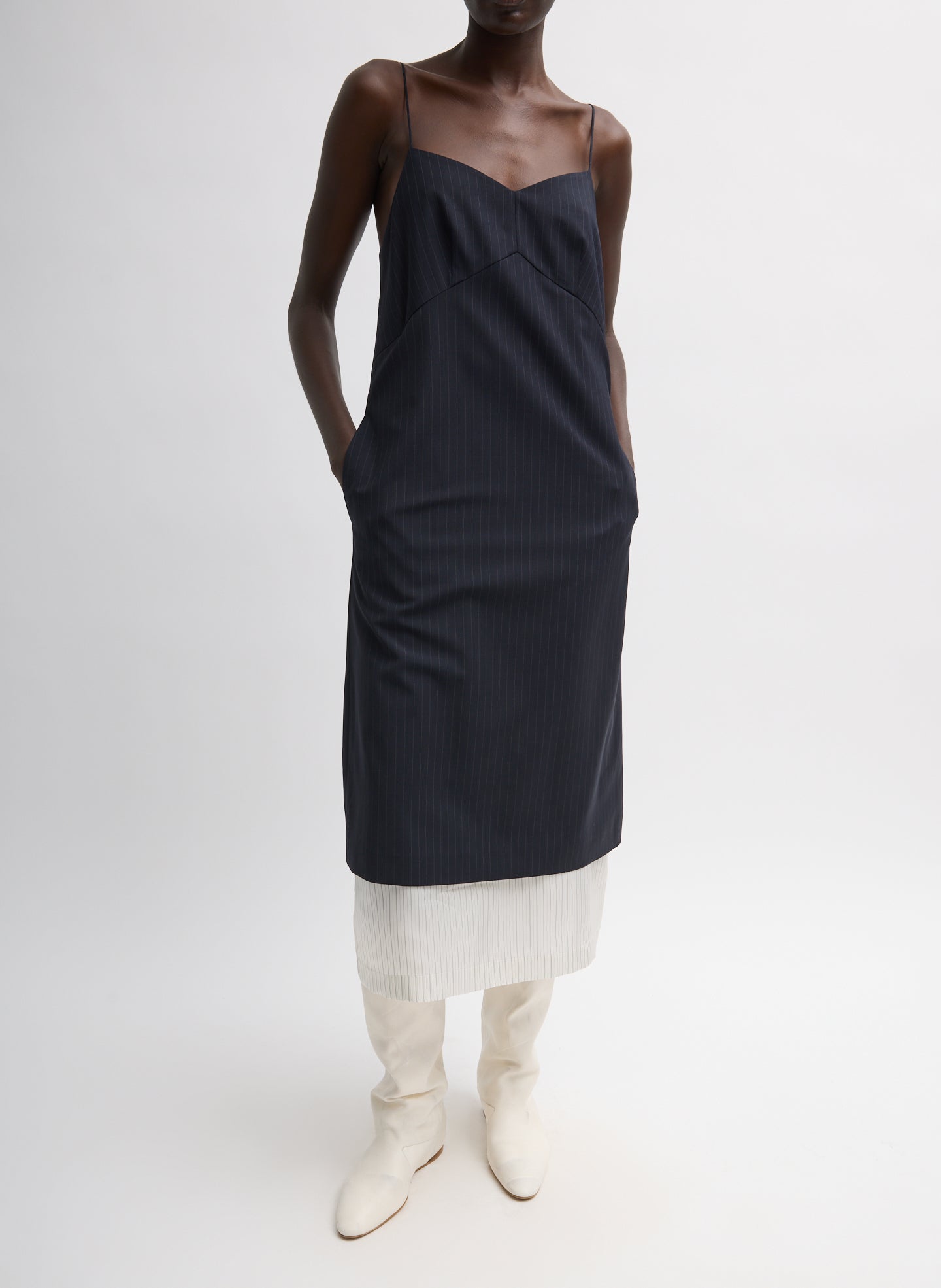 Mier Pinstripe Convertible Slip Dress - Navy Multi Mier Pinstripe Convertible Slip Dress - front view on model