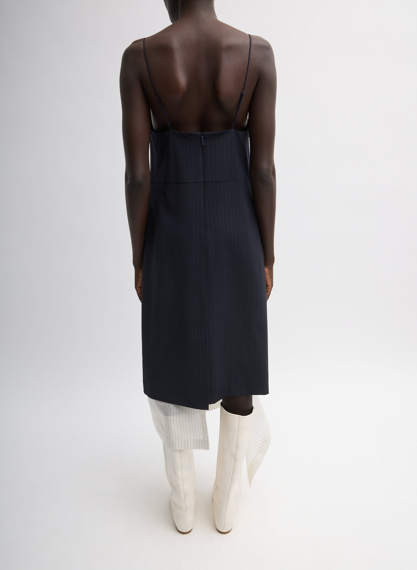 Navy Multi Mier Pinstripe Convertible Slip Dress - back view on model