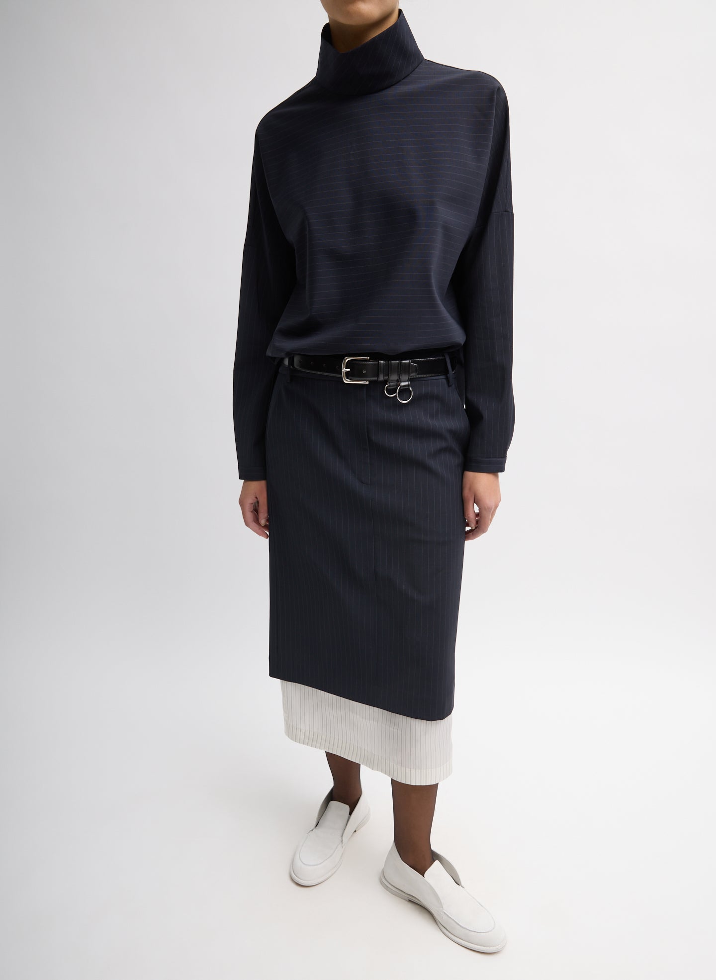 Mier Pinstripe Convertible Skirt - Navy Multi Mier Pinstripe Convertible Skirt - full look, front view on model