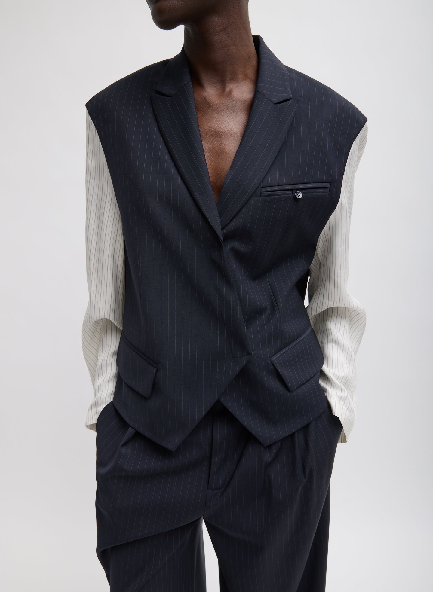 Navy Multi Mier Pinstripe Blazer With Combo Sleeves - contrasting sleeves, front view on model