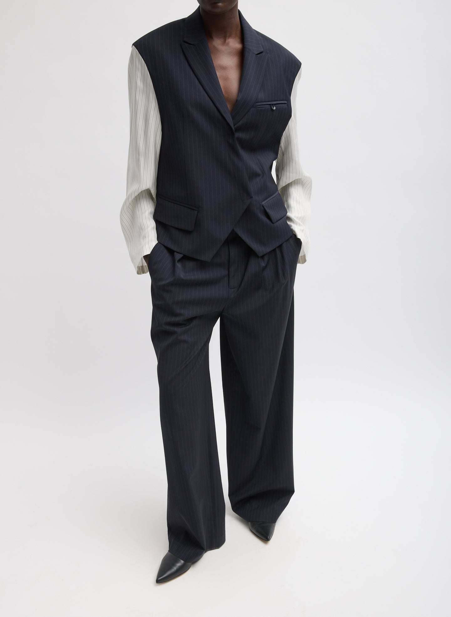 Mier Pinstripe Blazer With Combo Sleeves - Navy Multi Mier Pinstripe Blazer With Combo Sleeves - contrasting sleeves, front view on model