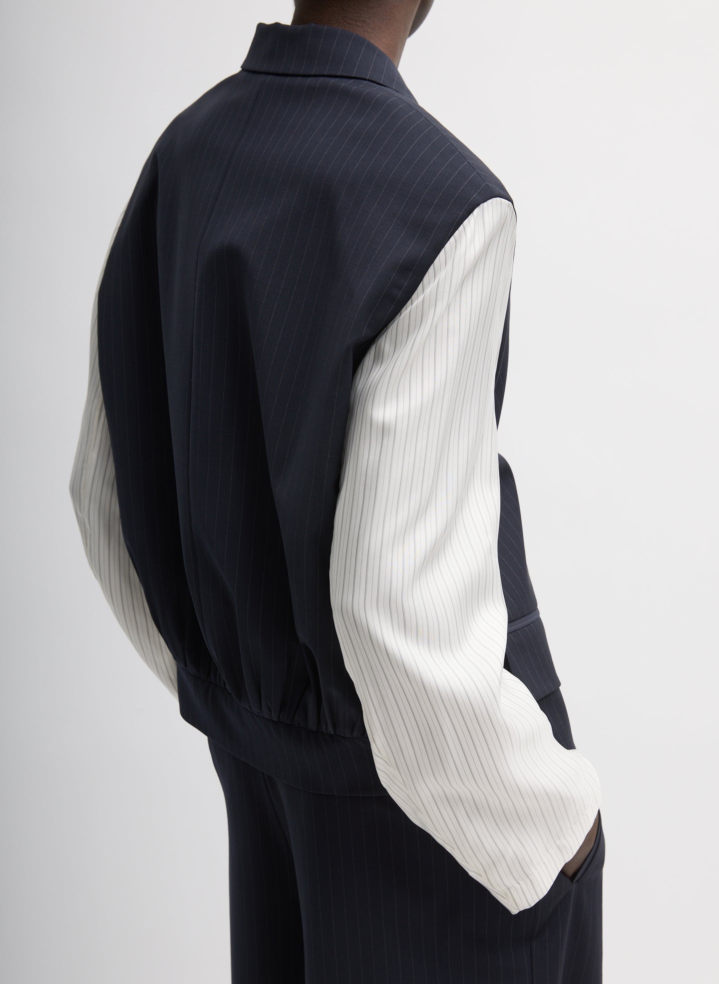 Navy Multi Mier Pinstripe Blazer With Combo Sleeves - contrasting sleeves, back view on model