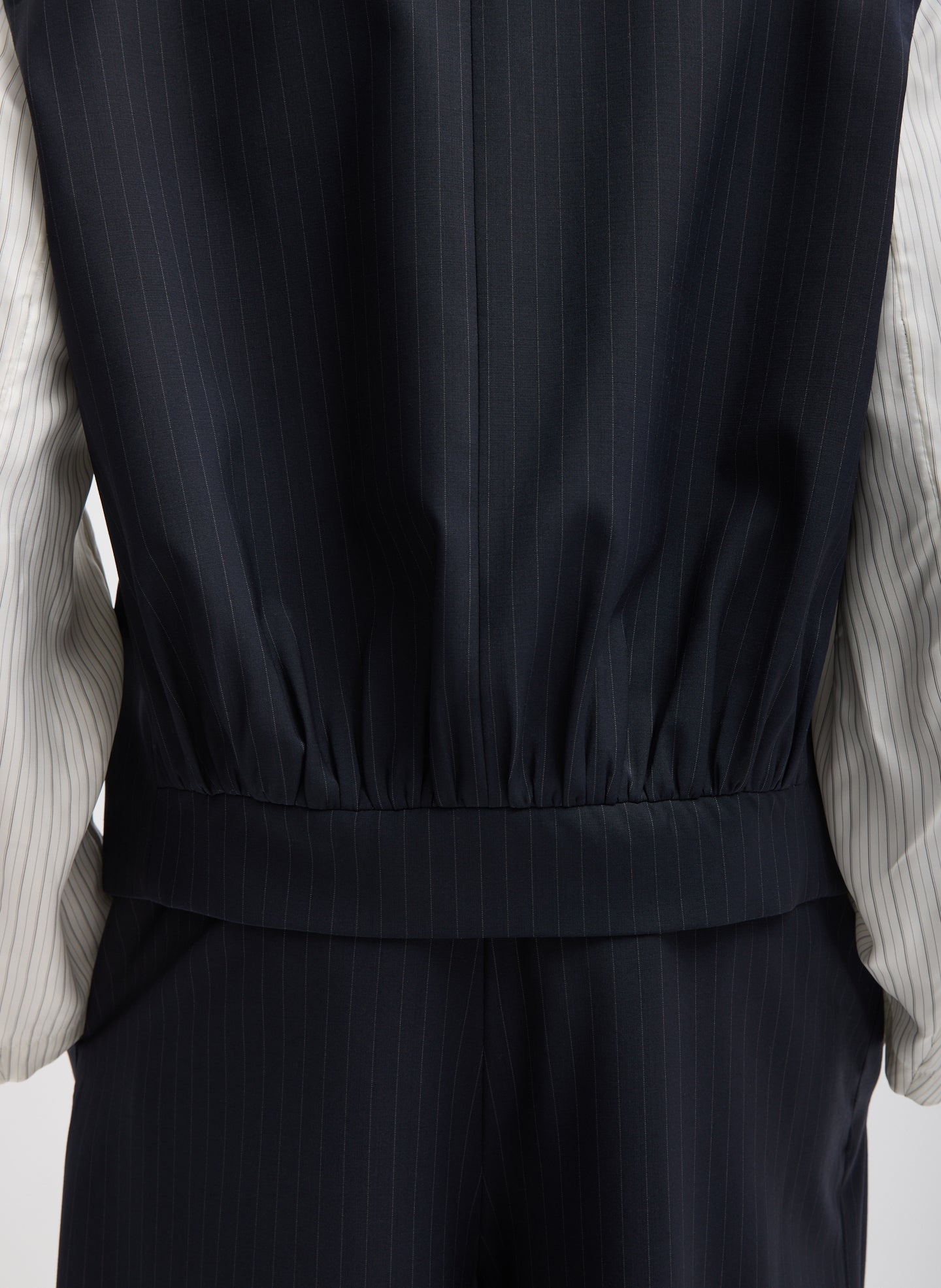 Navy Multi Mier Pinstripe Blazer With Combo Sleeves - closeup of jacket hem detail