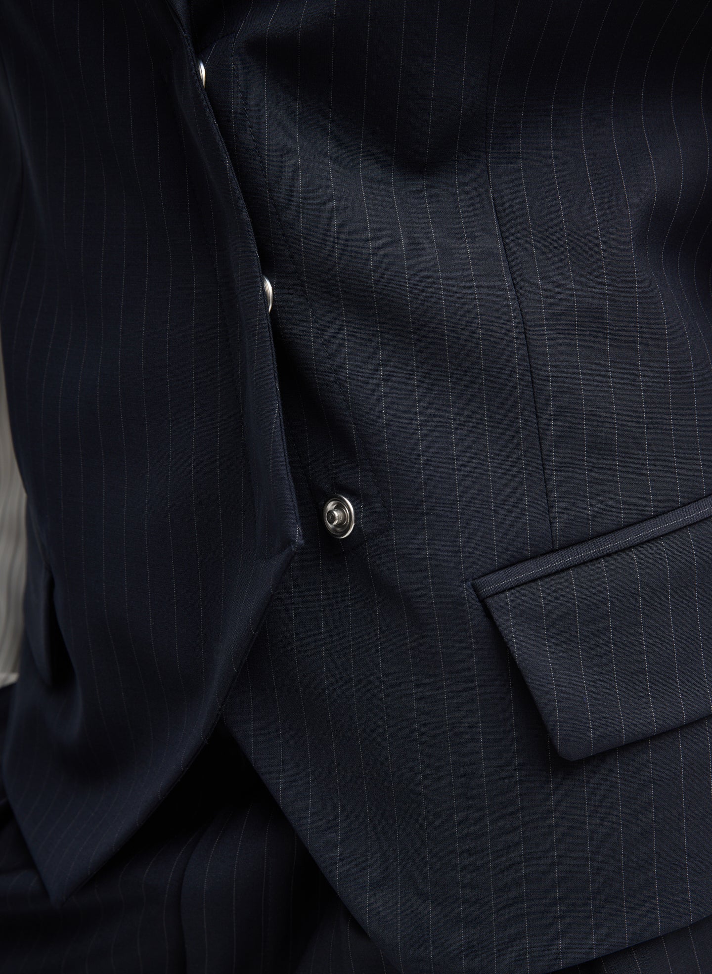 Navy Multi Mier Pinstripe Blazer With Combo Sleeves - closeup of button detail