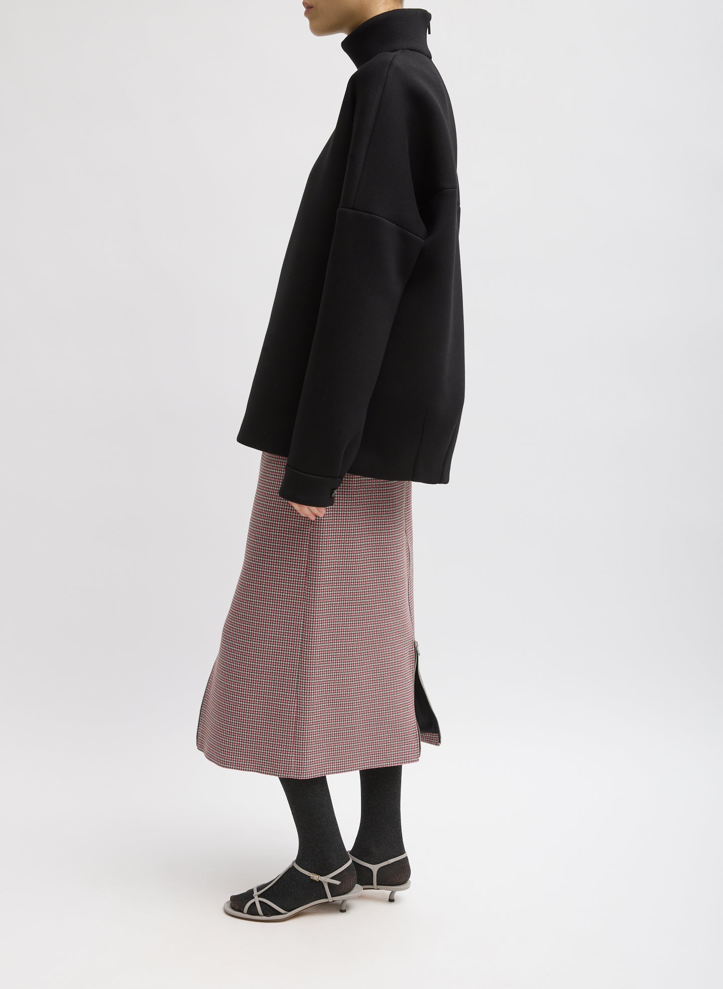 Black Structured Viscose Neck Dolman Sleeve Top - oversized fit, side view on model