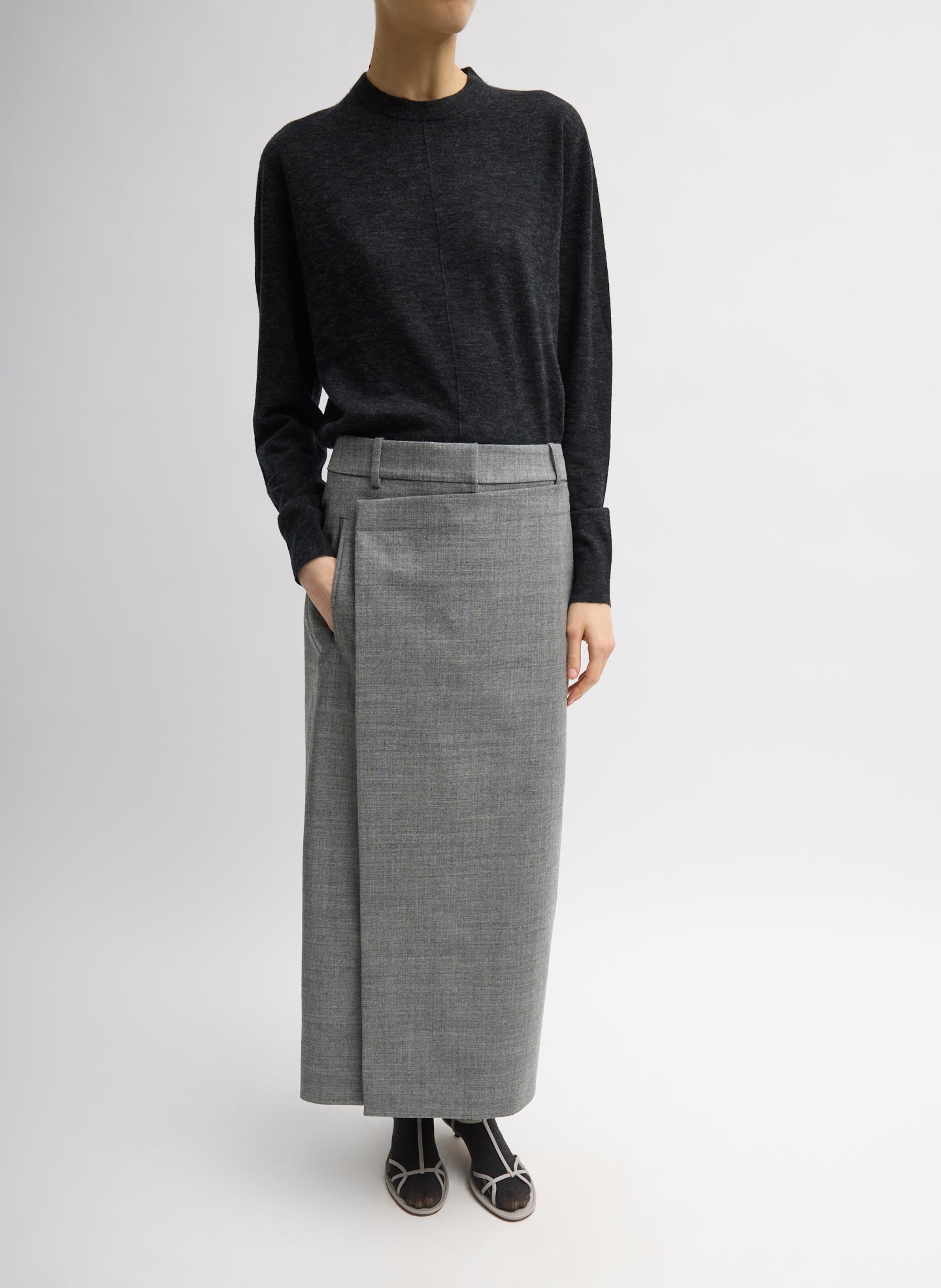 Techy Bonded Wool Wrap Maxi Skirt - Grey Techy Bonded Wool Wrap Maxi Skirt - full look, front view on model