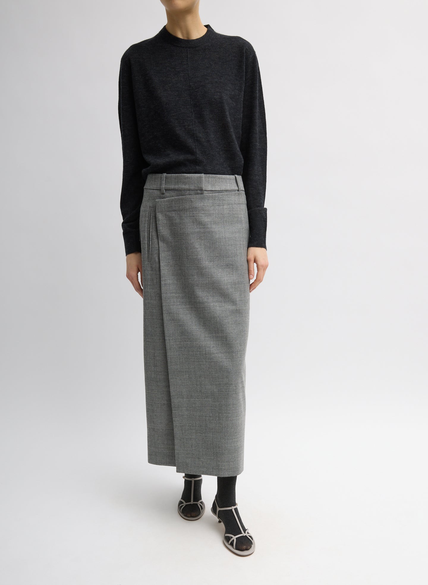 Grey Techy Bonded Wool Wrap Maxi Skirt - full look, front view on model