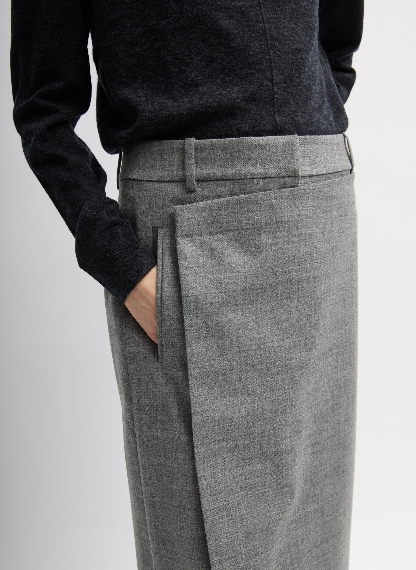 Grey Techy Bonded Wool Wrap Maxi Skirt - closeup of wrap detial and side pocket