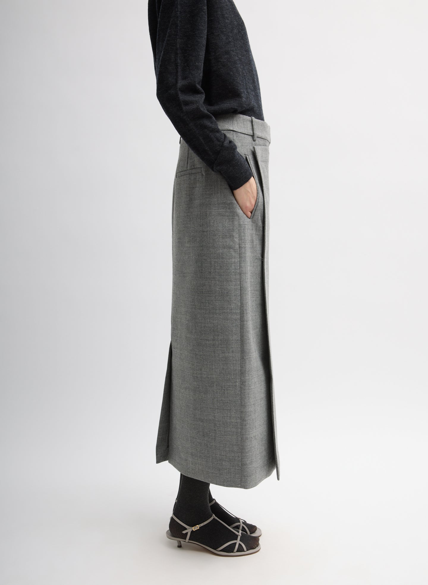 Grey Techy Bonded Wool Wrap Maxi Skirt - side view on model