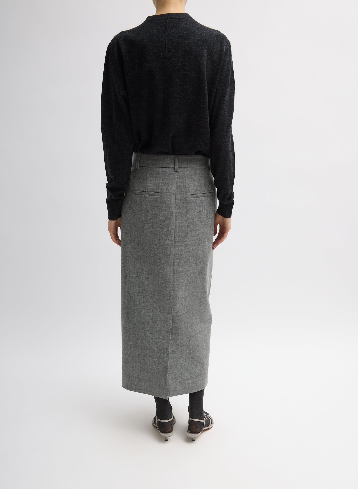 Grey Techy Bonded Wool Wrap Maxi Skirt - full look, back view on model