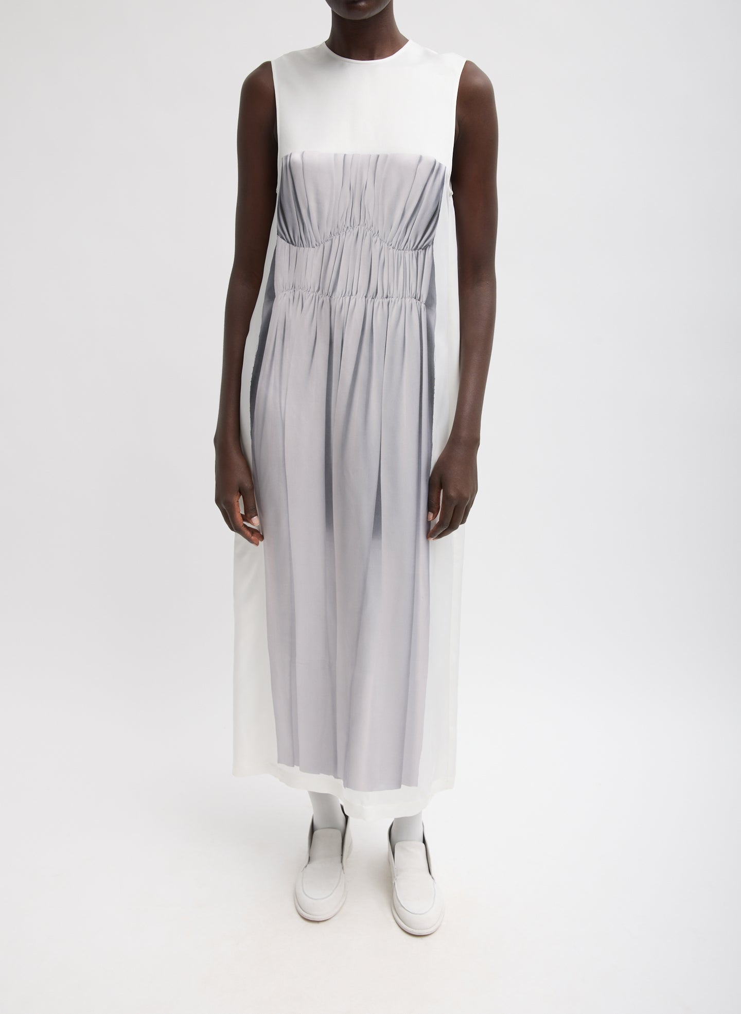 Trompe L'oeil Dress - Grey Trompe L'oeil Dress - graphic print shift dress, front view on model