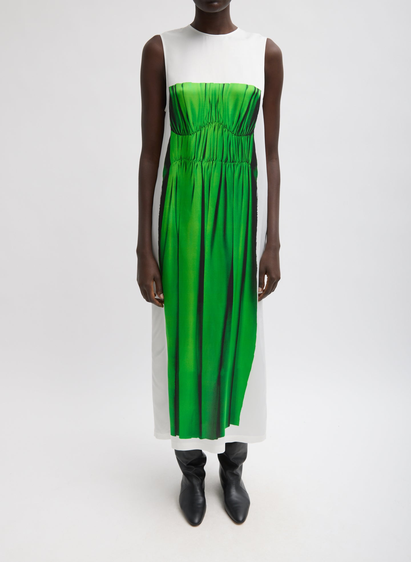 Trompe L'oeil Dress - Green Multi Trompe L'oeil Dress - graphic printed shift dress, front view on model