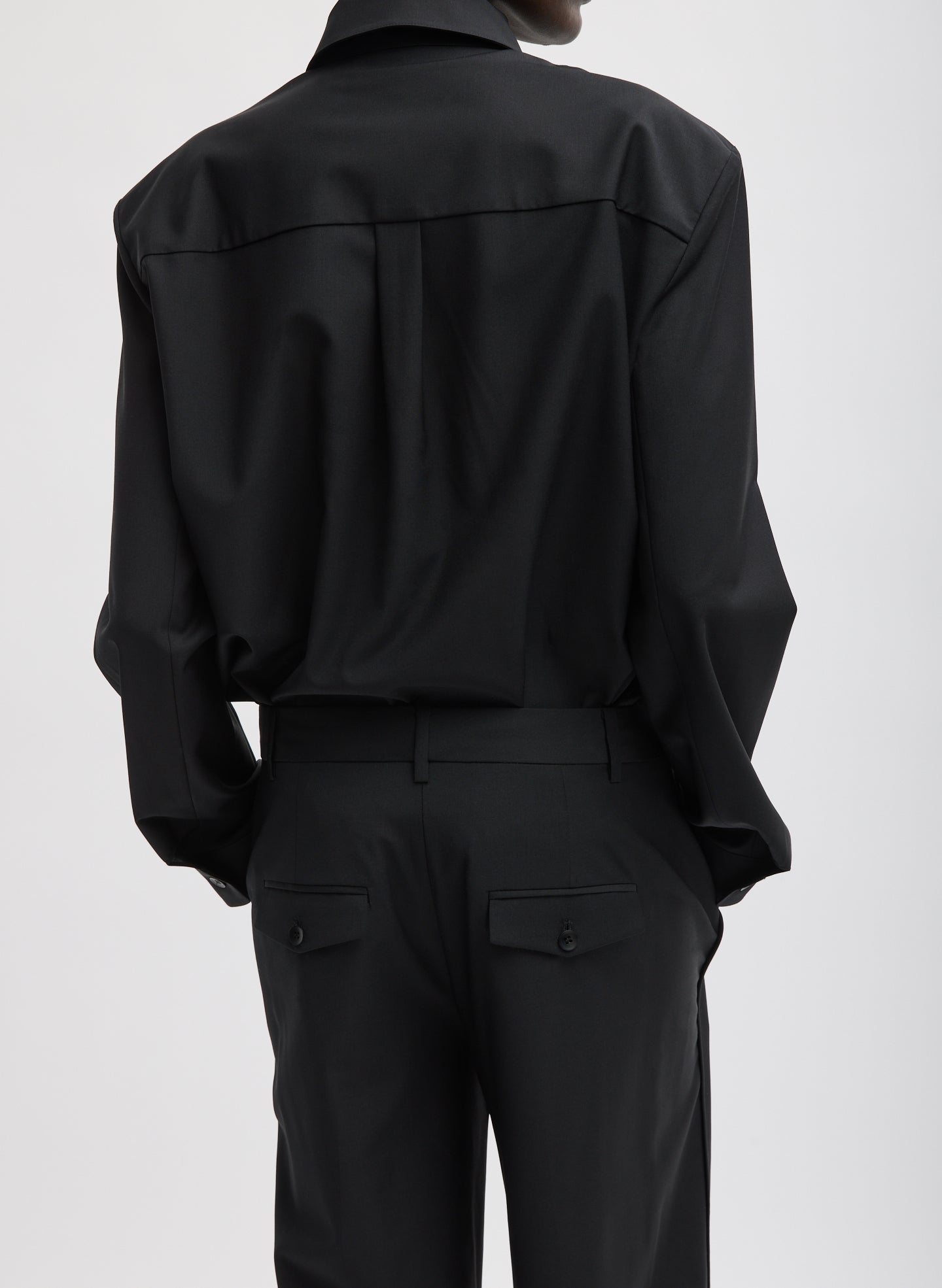 Black Recycled Tropical Wool Detached Shirt - button down, back view on model