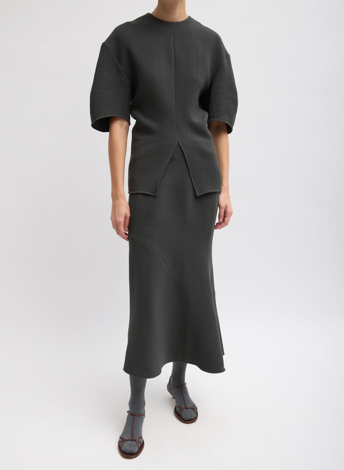 Dark Grey Wool Crepe Marte Fluid Skirt - full look, front view on model