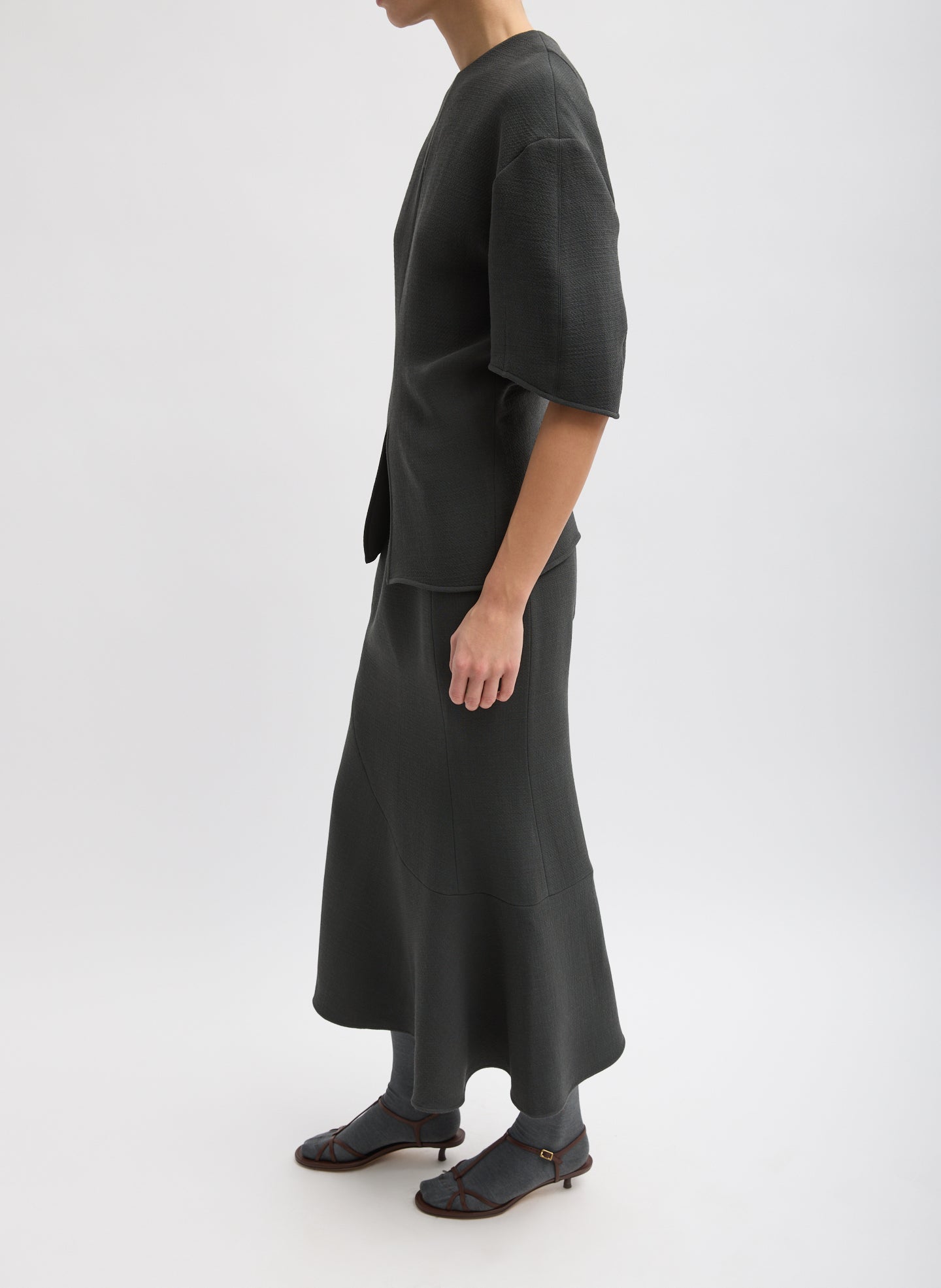 Dark Grey Wool Crepe Marte Fluid Skirt - full look, side view on model