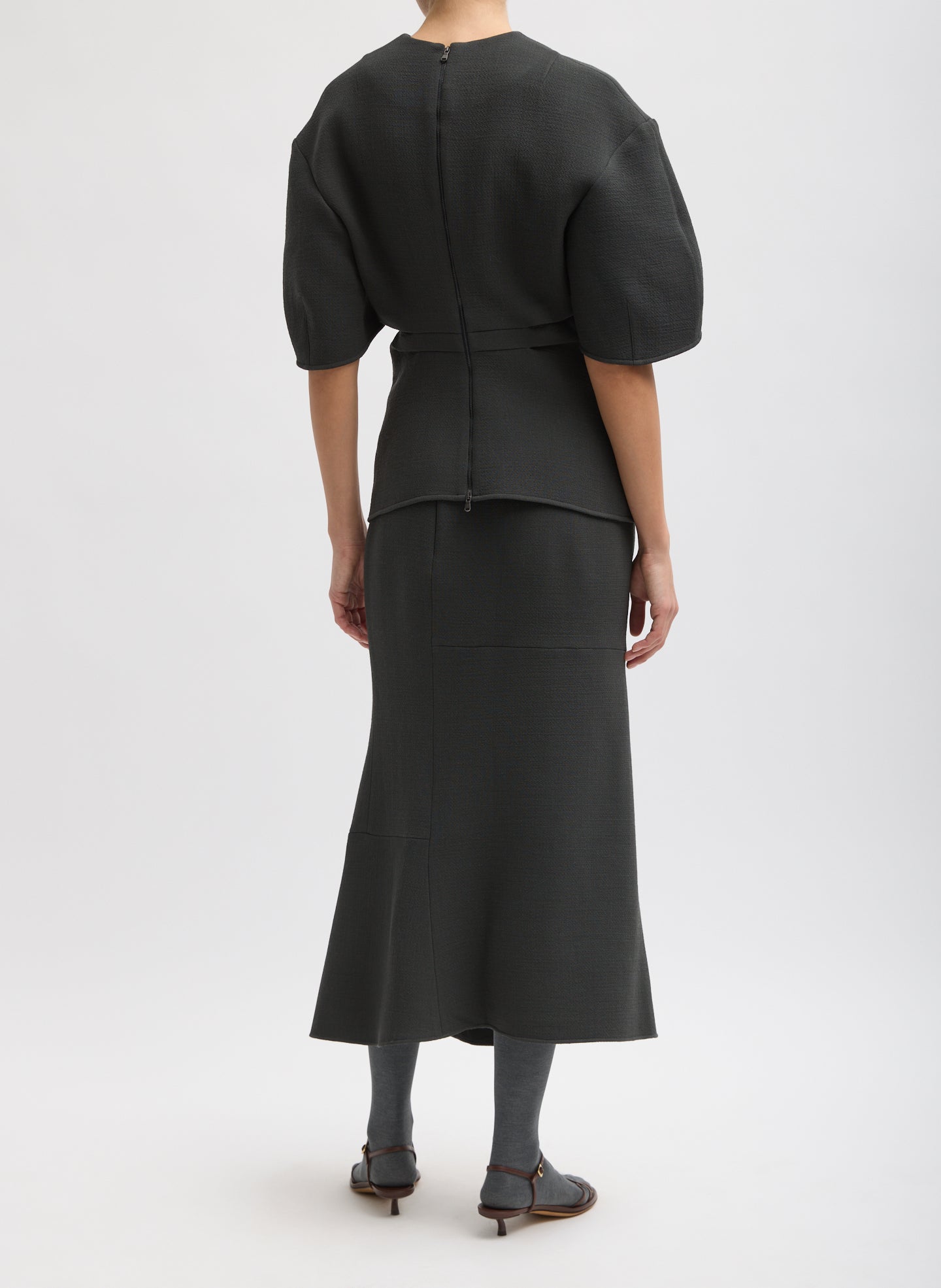 Dark Grey Wool Crepe Marte Fluid Skirt - full look, back view on model