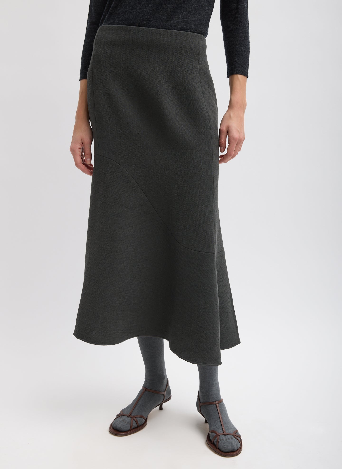 Dark Grey Wool Crepe Marte Fluid Skirt - front view on model