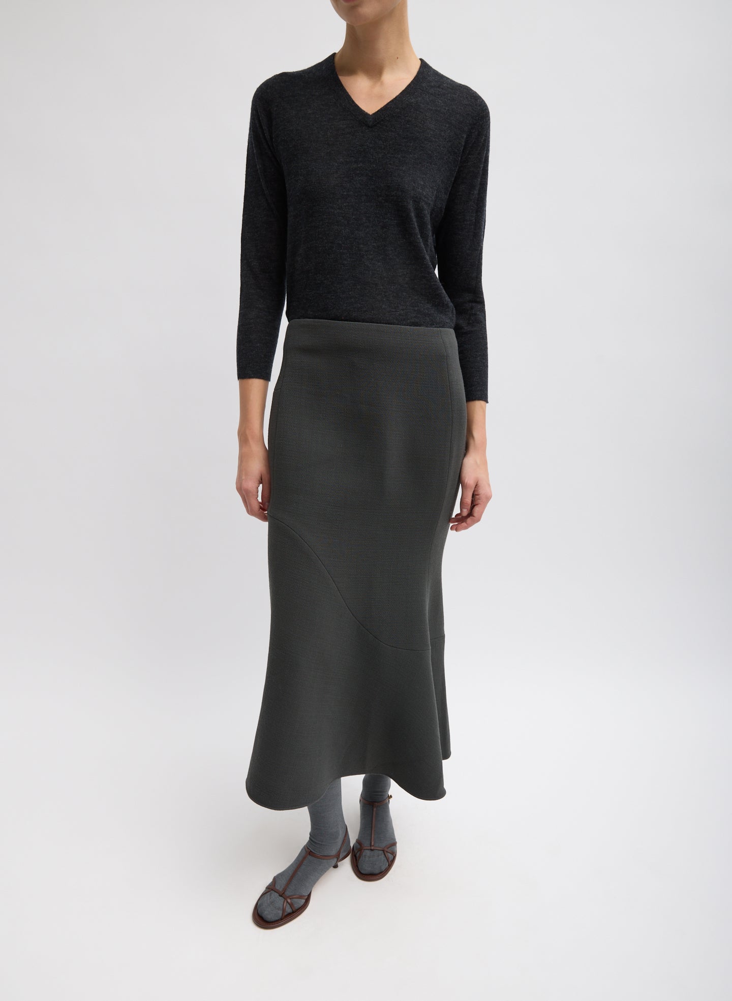 Wool Crepe Marte Fluid Skirt - Dark Grey Wool Crepe Marte Fluid Skirt - full look, front view on model