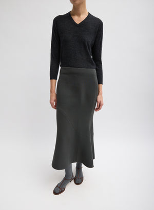 Dark Grey Wool Crepe Marte Fluid Skirt - full look, front view on model