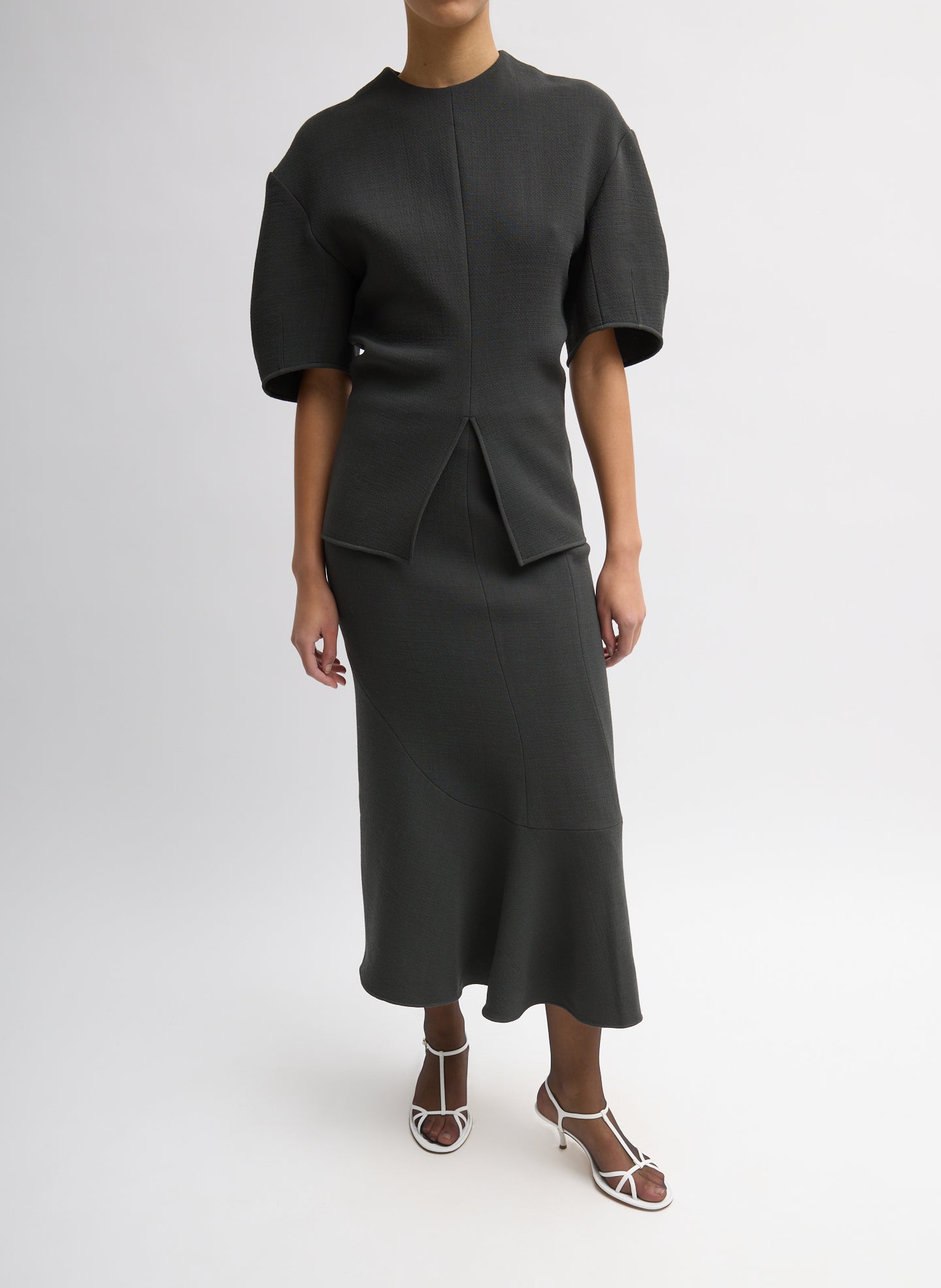 Dark Grey Wool Crepe Slit Front T-Shirt - full look, front view on model