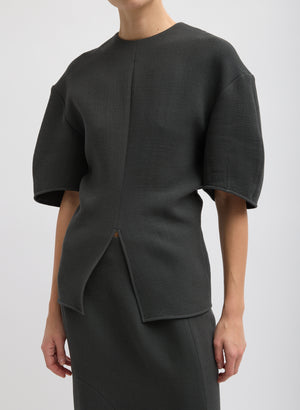 Dark Grey Wool Crepe Slit Front T-Shirt - front view on model