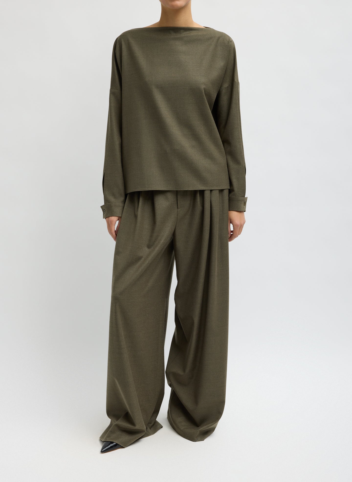 Army Green Cozy Flanner Triple Pleat Pant - wide leg pleated trouser, front view on model
