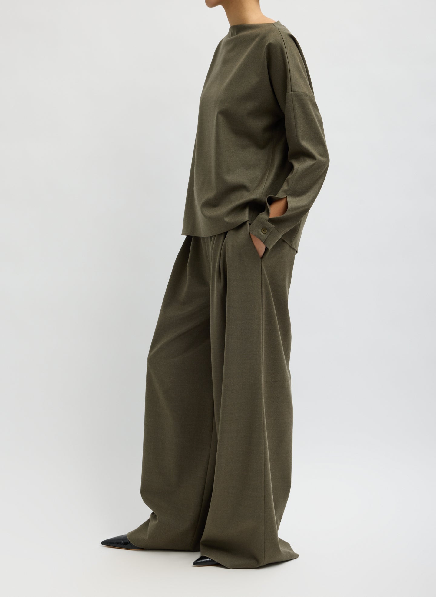 Army Green Cozy Flanner Triple Pleat Pant - wide leg pleated trouser, side view on model