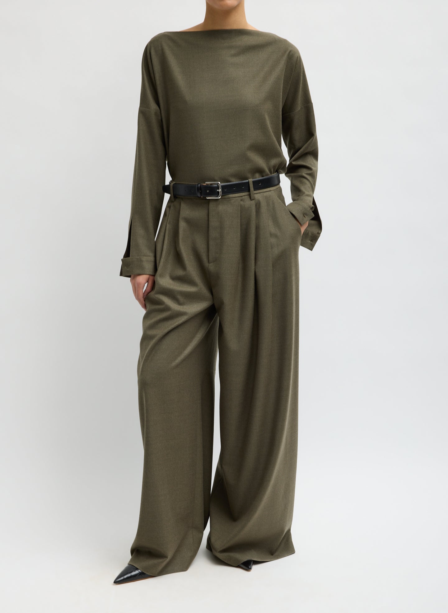 Army Green Cozy Flanner Triple Pleat Pant - wide leg pleated trouser, front view on model