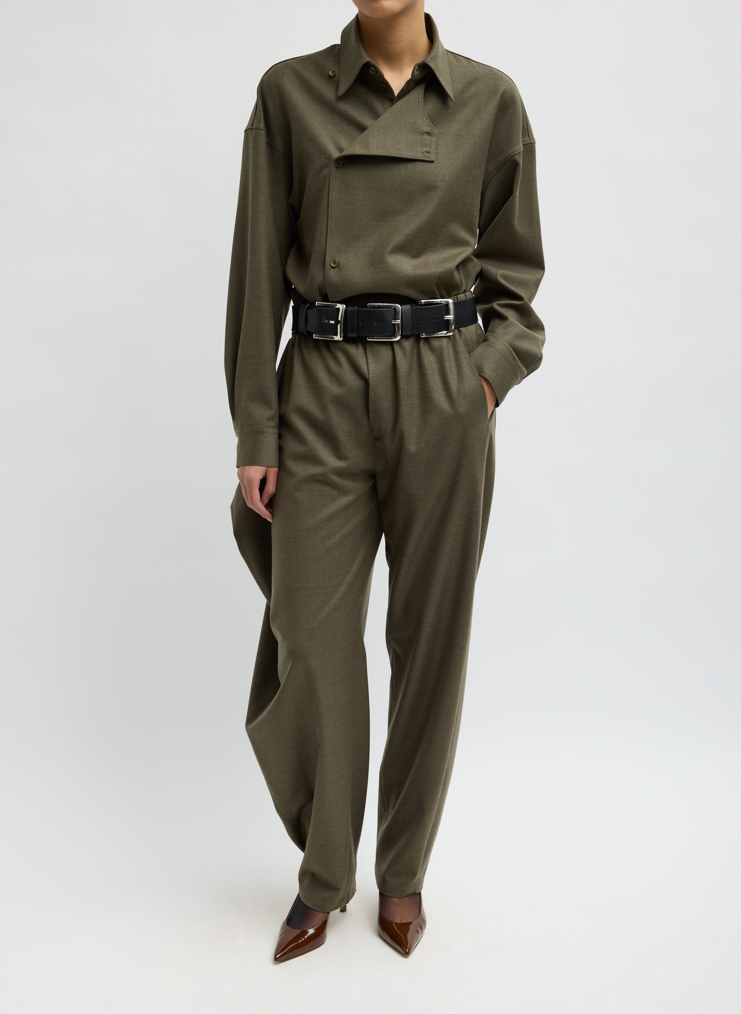 Army Green Cozy Flannel Side Drape Pant - front view on model