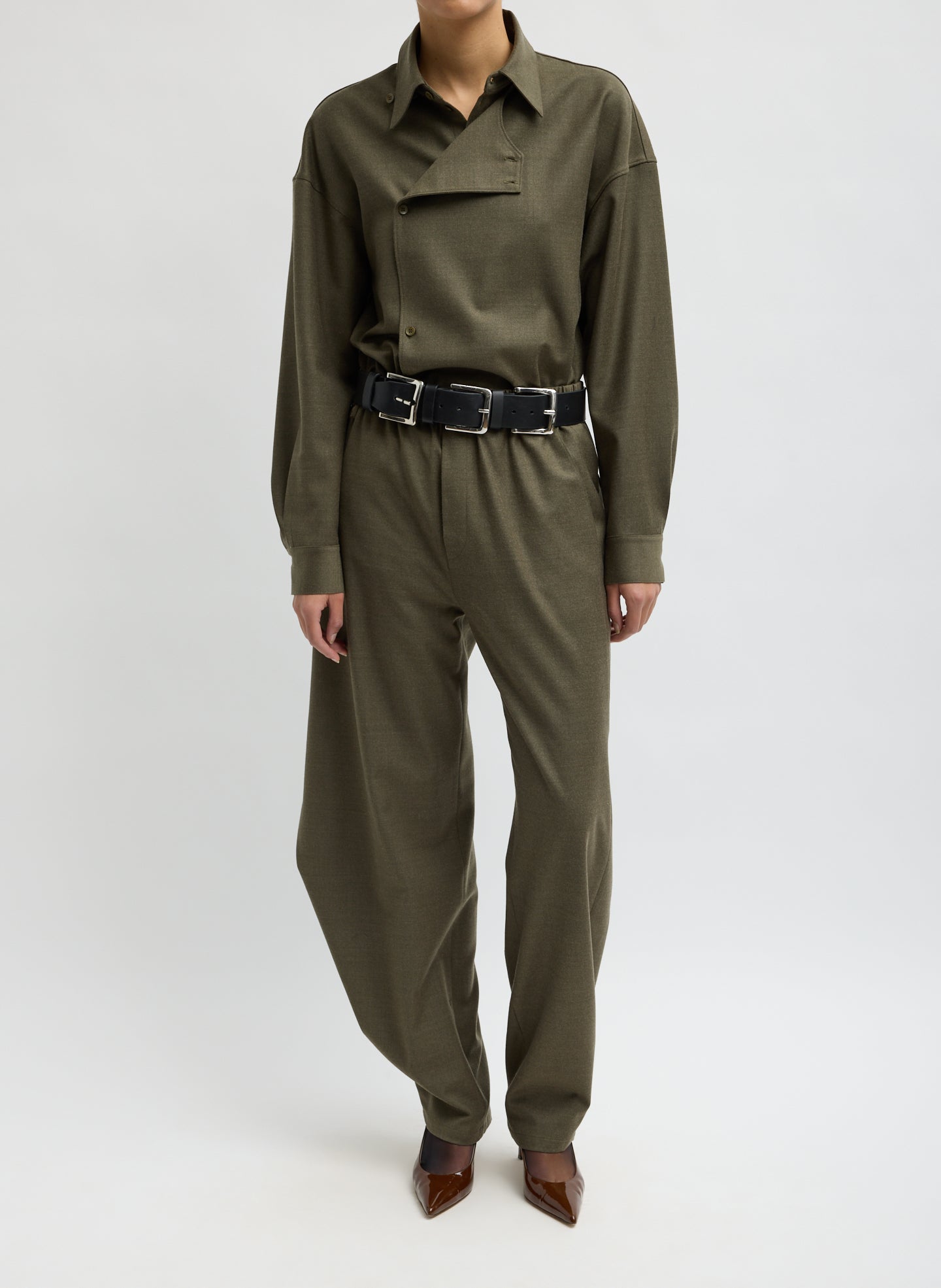 Army Green Cozy Flannel Side Drape Pant - front view on model