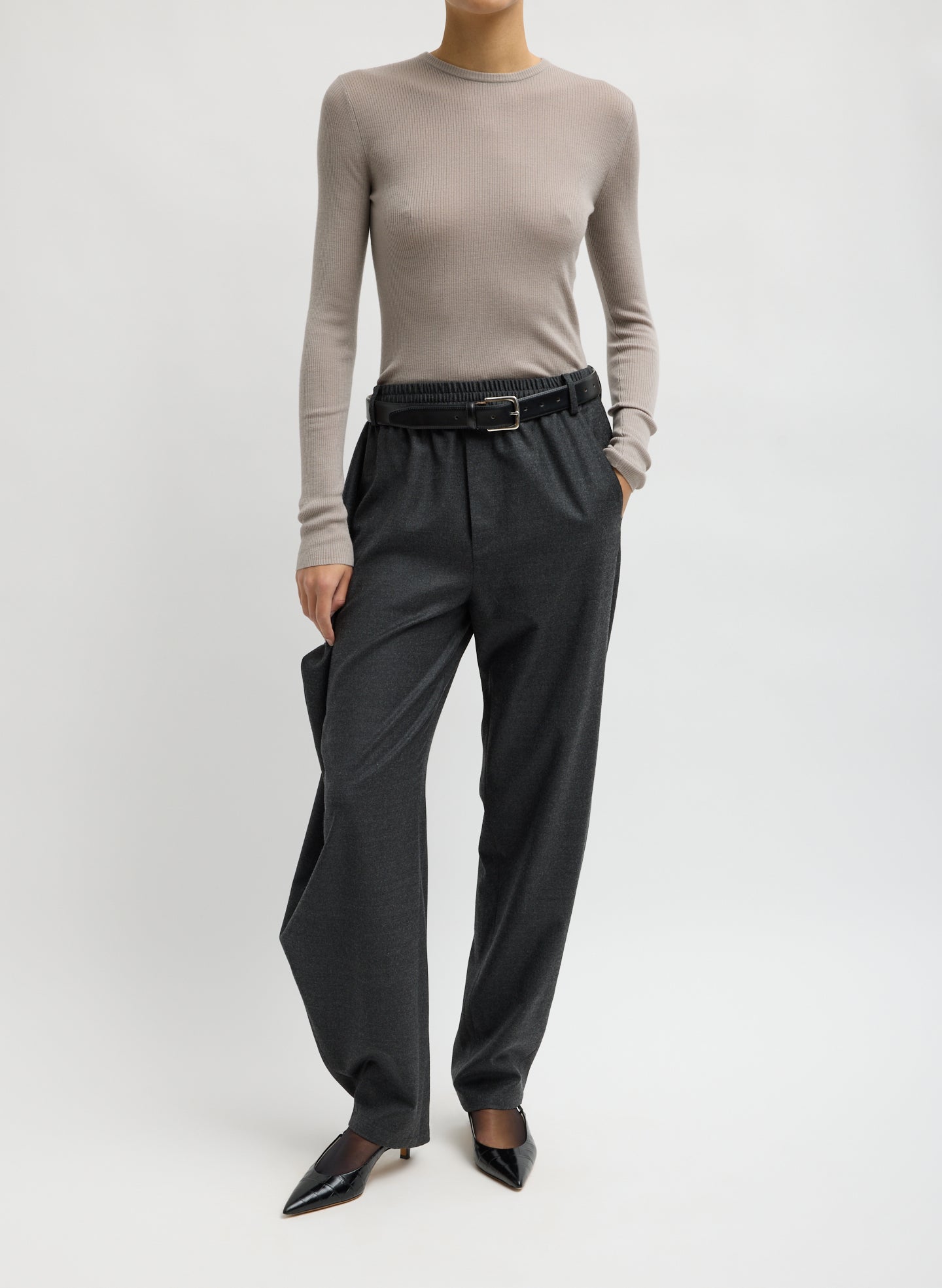 Dark Heather Grey Cozy Flannel Side Drape Pant - front view on model