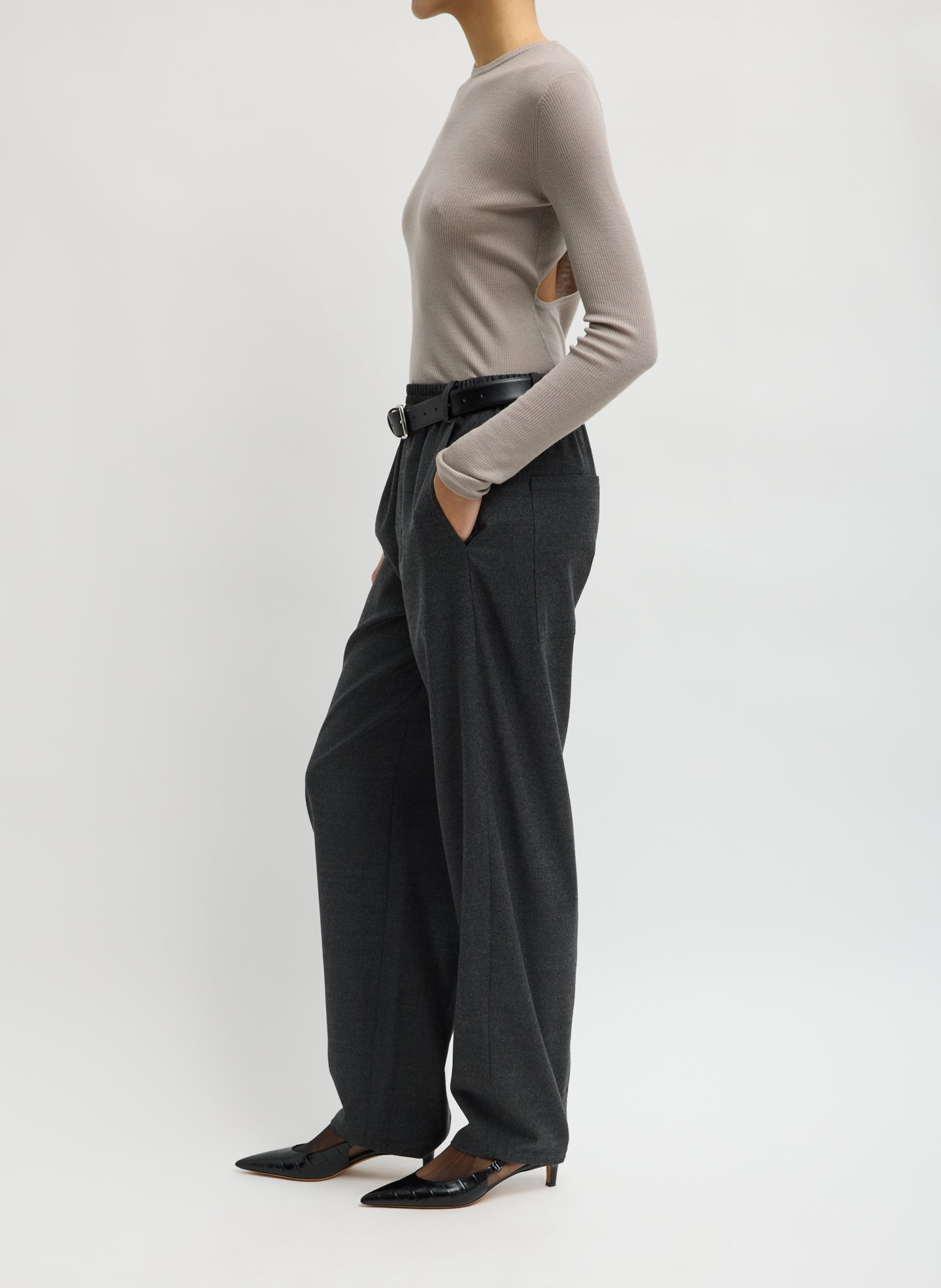 Dark Heather Grey Cozy Flannel Side Drape Pant - side view on model