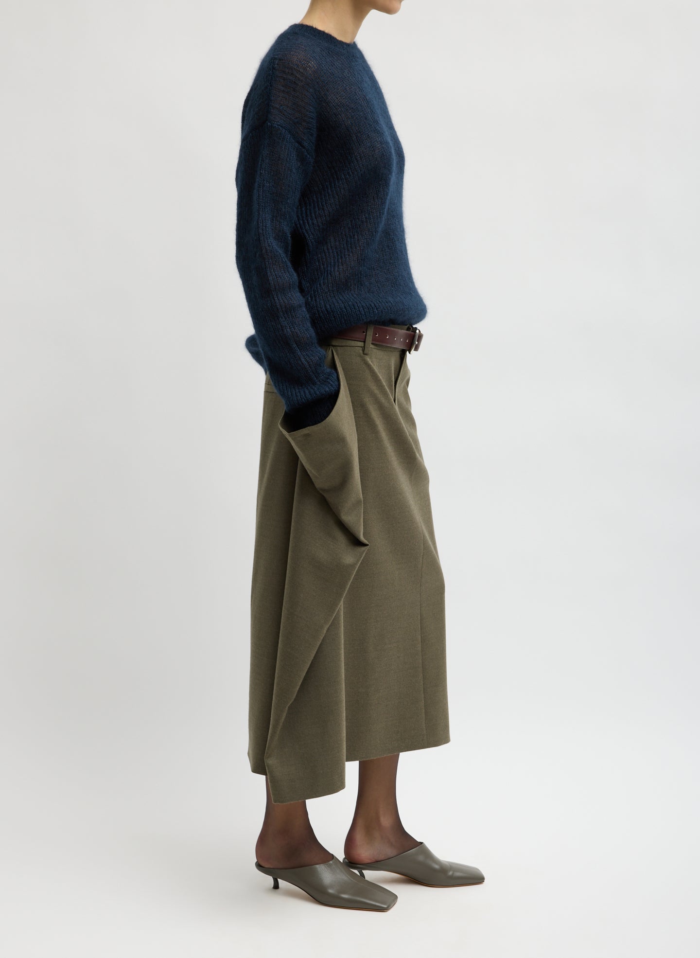 Army Green Cozy Flannel Midi Trouser Skirt with Side Drape - side view on model