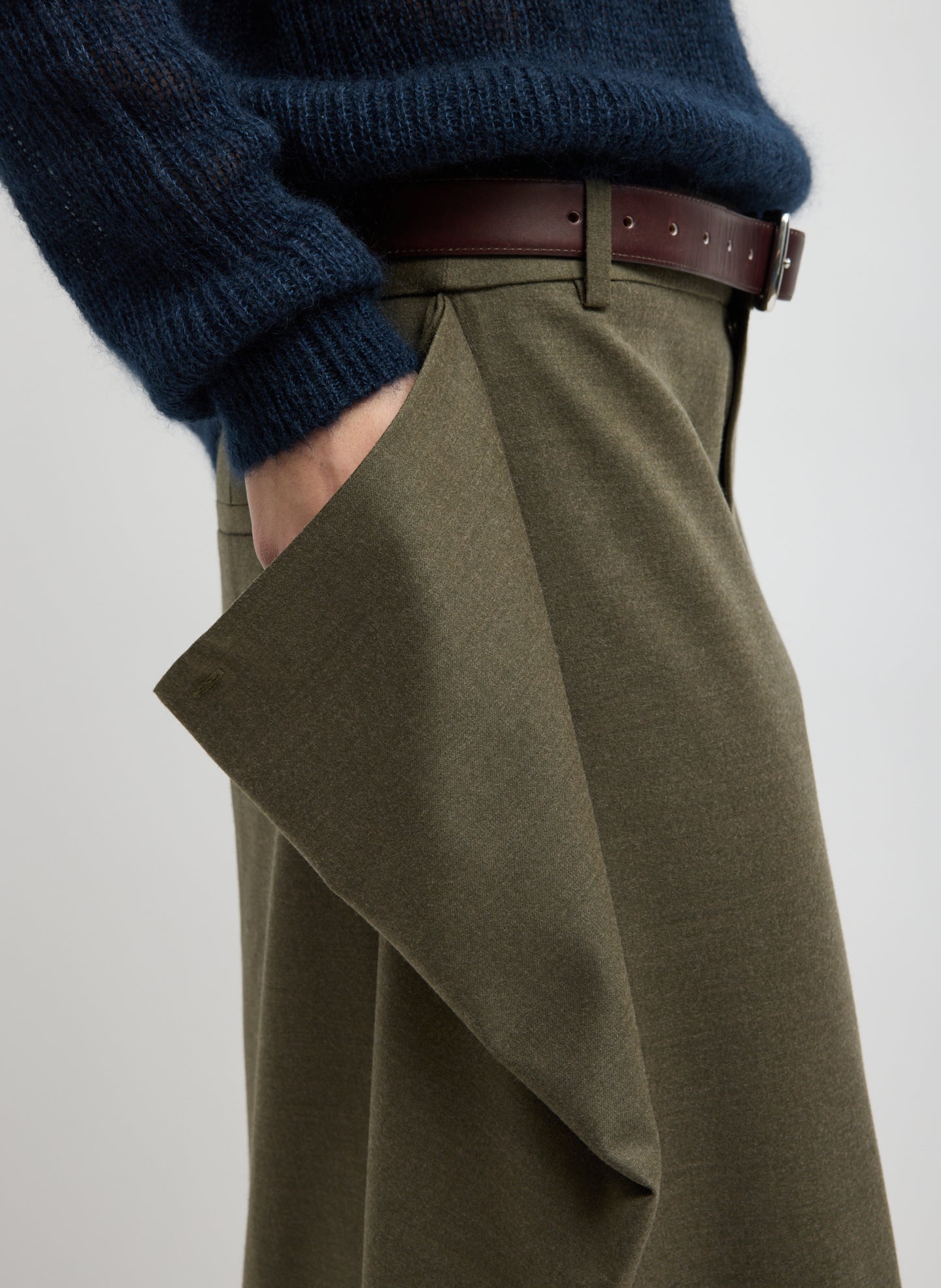 Army Green Cozy Flannel Midi Trouser Skirt with Side Drape - side view on model