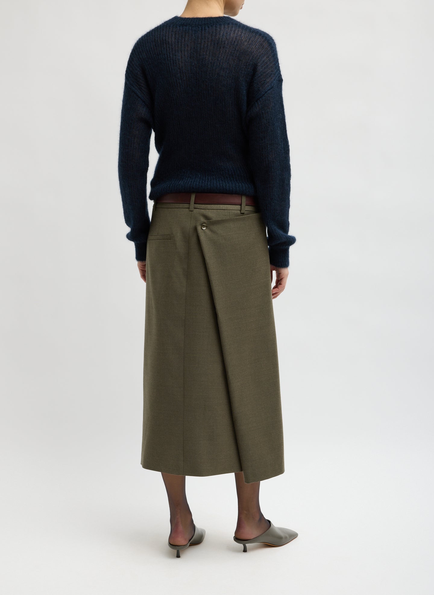 Army Green Cozy Flannel Midi Trouser Skirt with Side Drape - back view on model