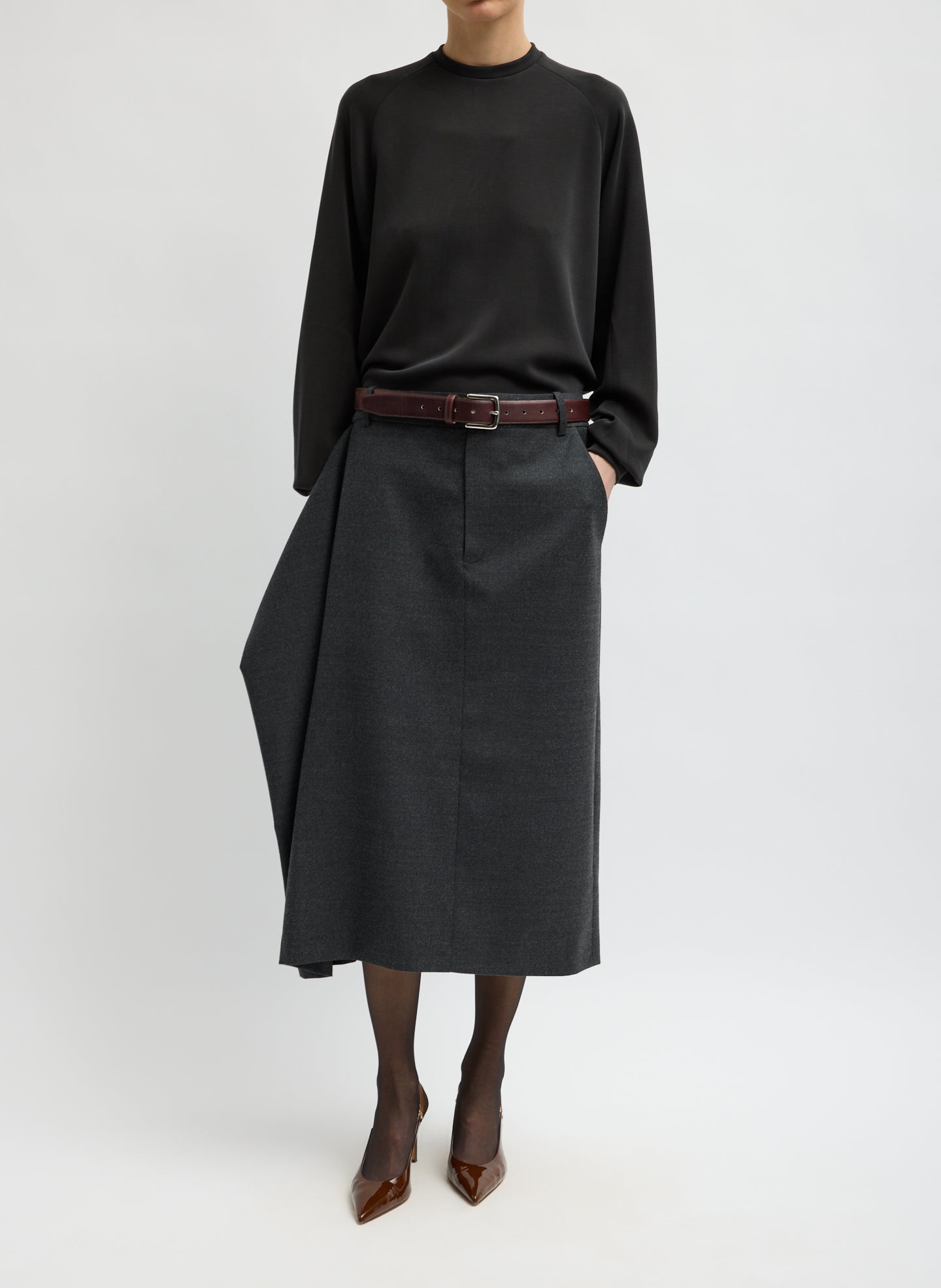 Dark Heather Grey Cozy Flannel Midi Trouser Skirt with Side Drape - front view on model