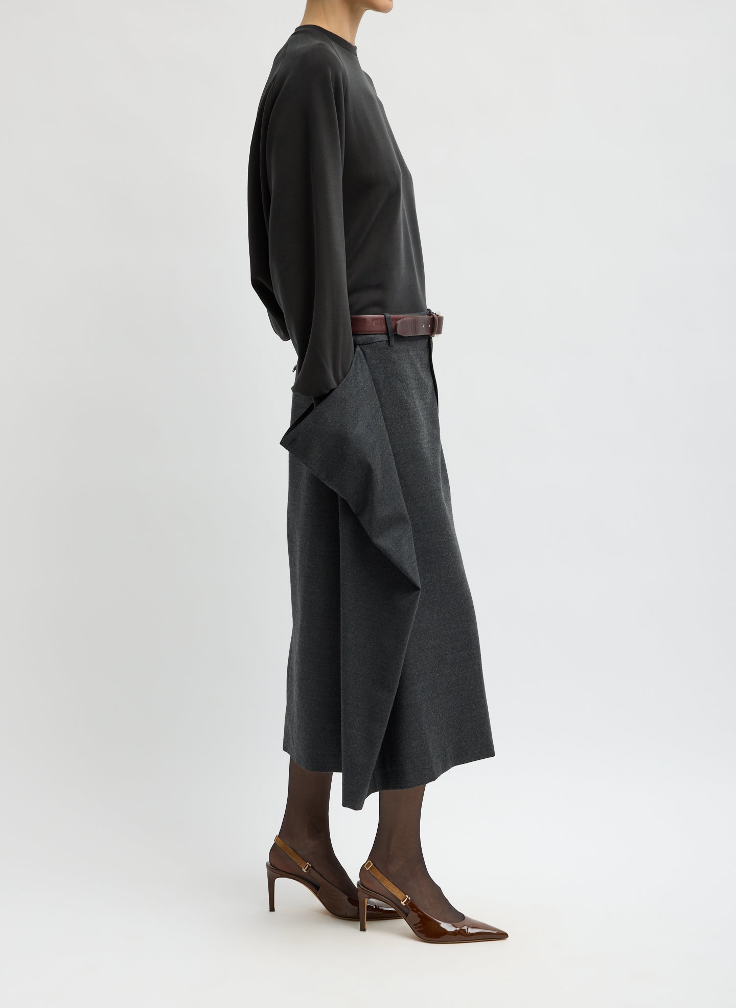 Dark Heather Grey Cozy Flannel Midi Trouser Skirt with Side Drape - side view on model