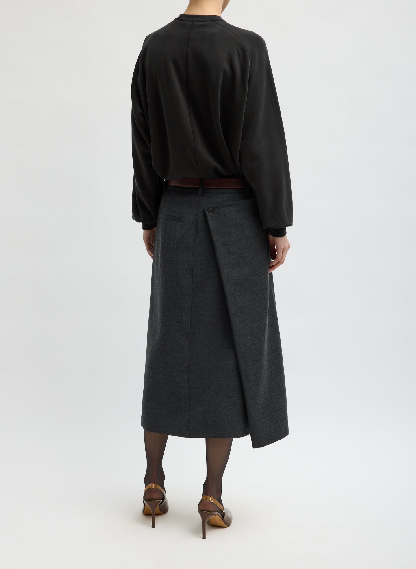 Dark Heather Grey Cozy Flannel Midi Trouser Skirt with Side Drape - back view on model