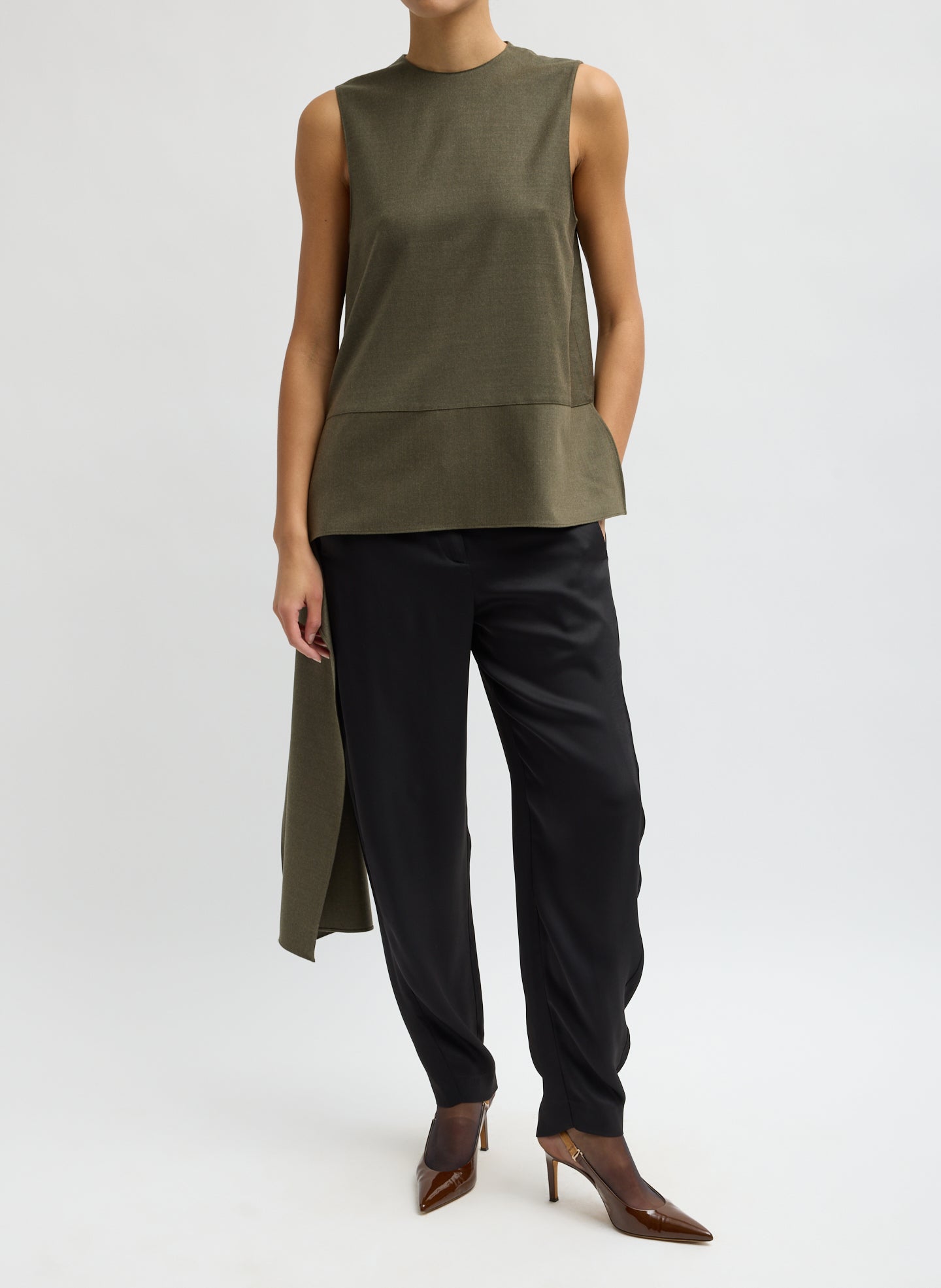 Army Green Cozy Flannel Asymmetrical Sleeveless Top - full look, front view on model