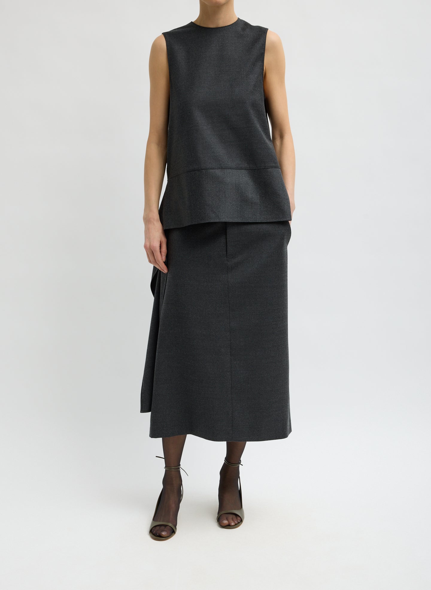 Dark Heather Grey Cozy Flannel Asymmetrical Sleeveless Top - full look, front view on model