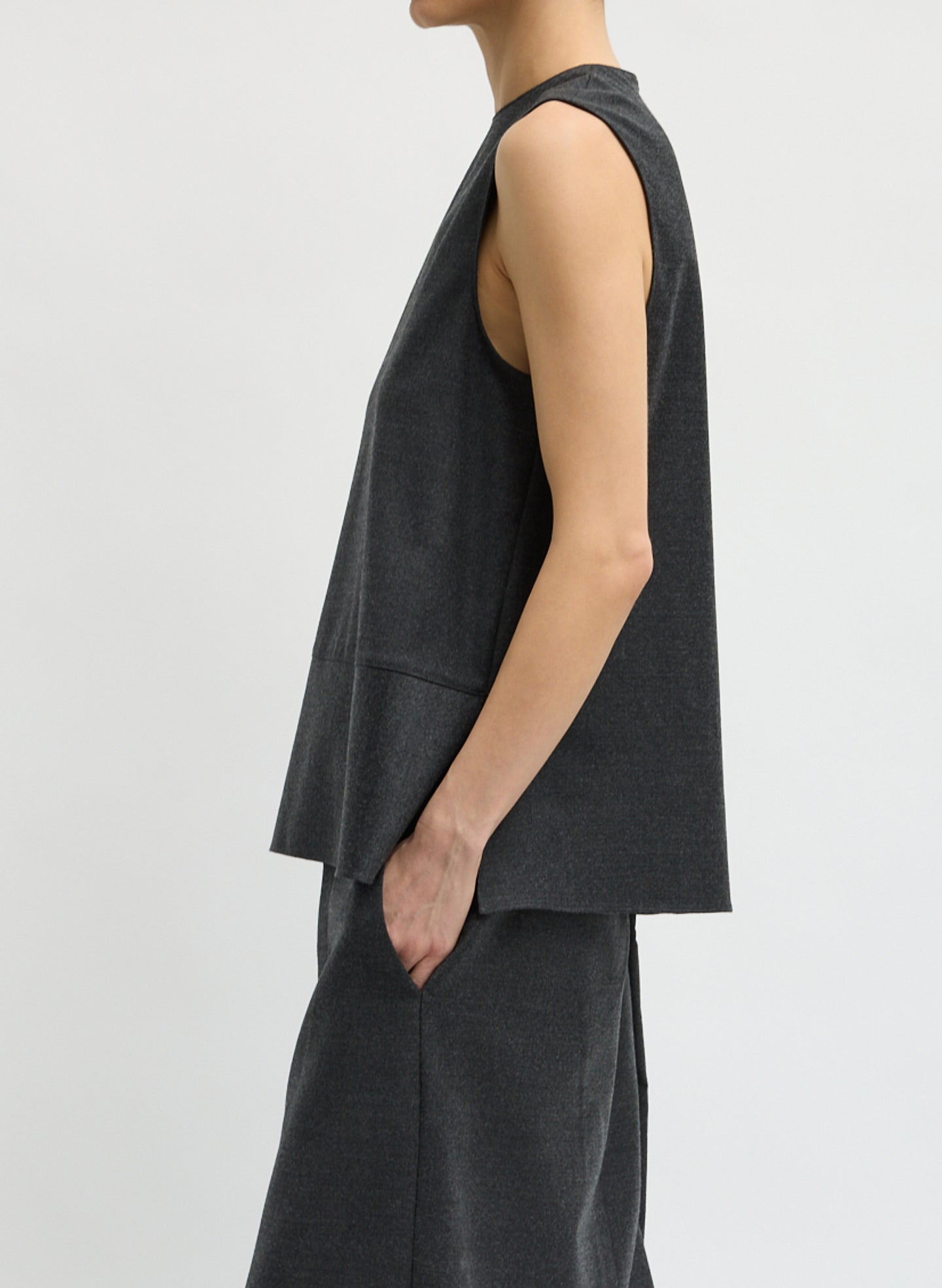 Dark Heather Grey Cozy Flannel Asymmetrical Sleeveless Top - side view on model