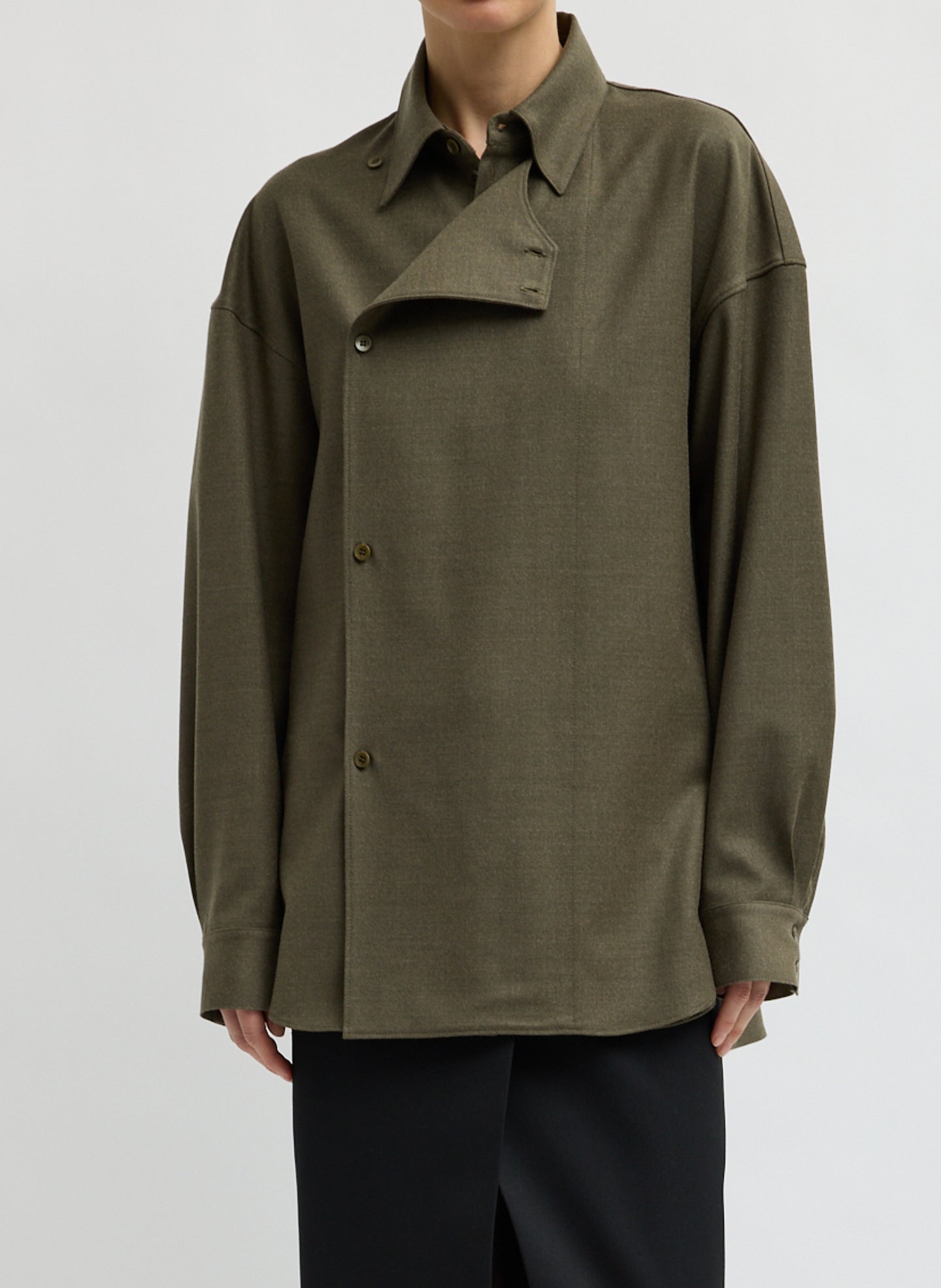 Army Green Cozy Flannel Long Sleeve Shirt with Overlap Detail - front view on model
