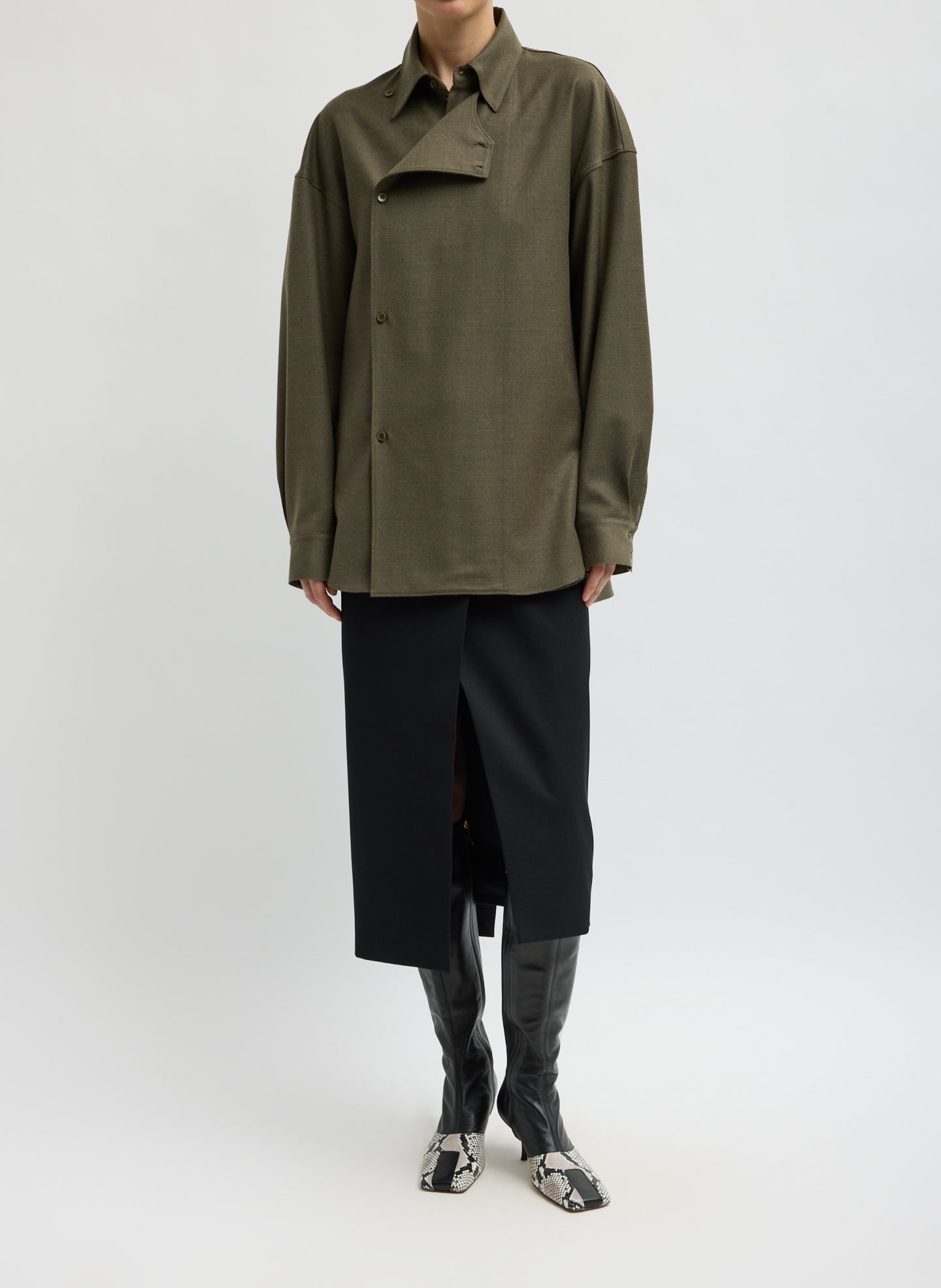 Army Green Cozy Flannel Long Sleeve Shirt with Overlap Detail - full look, front view on model