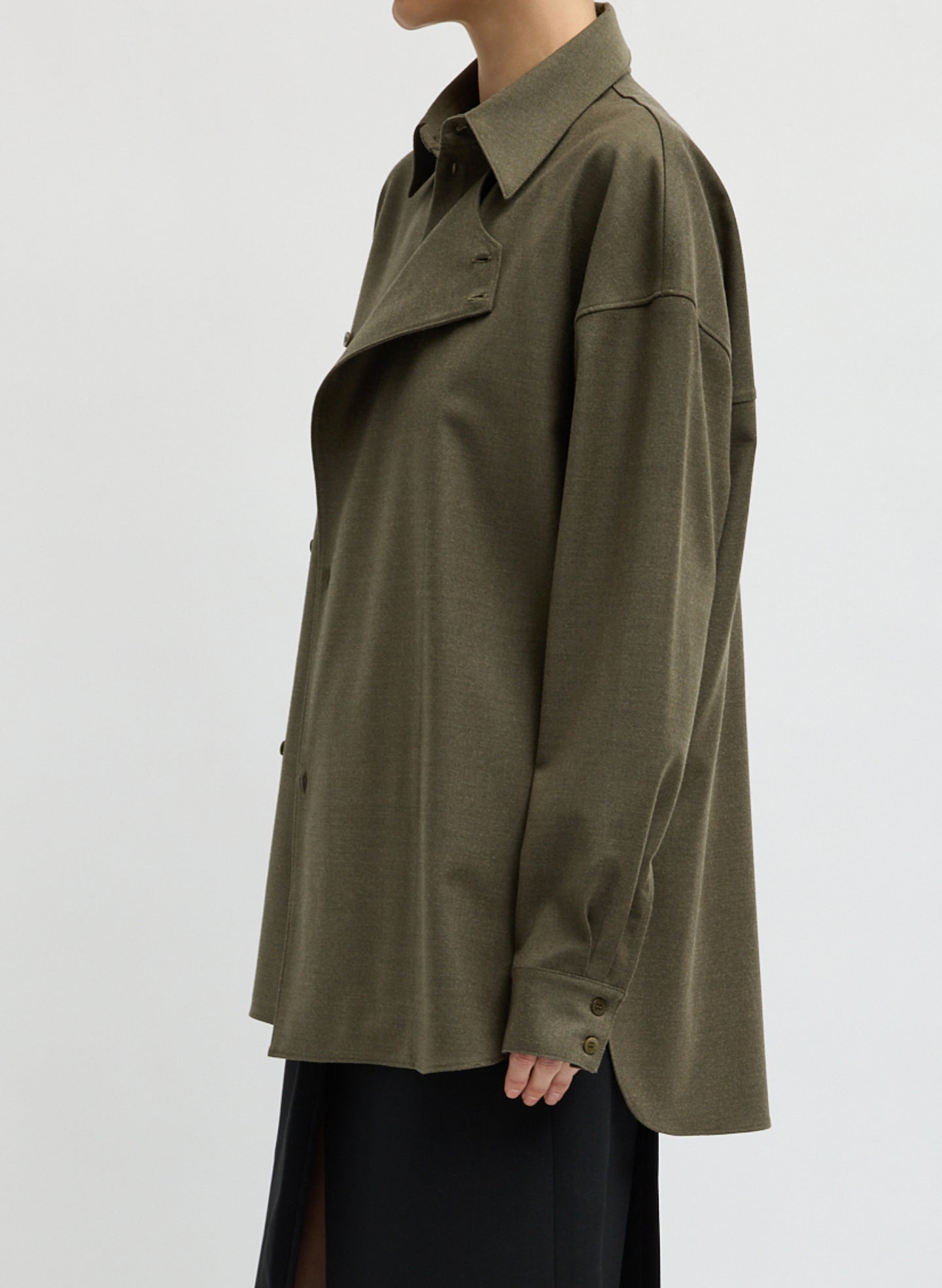 Army Green Cozy Flannel Long Sleeve Shirt with Overlap Detail - side view on model