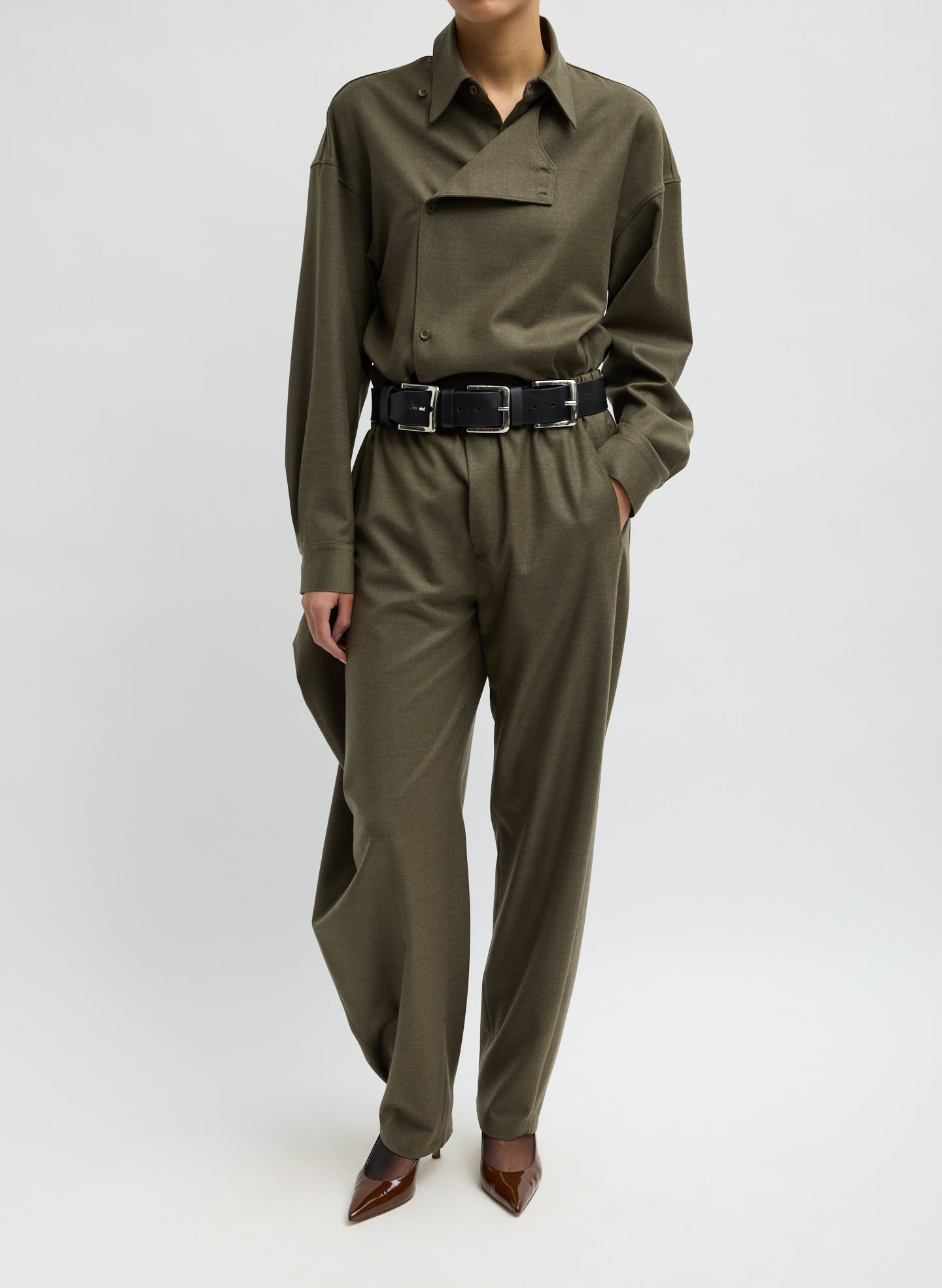 Army Green Cozy Flannel Long Sleeve Shirt with Overlap Detail - full look, front view on model